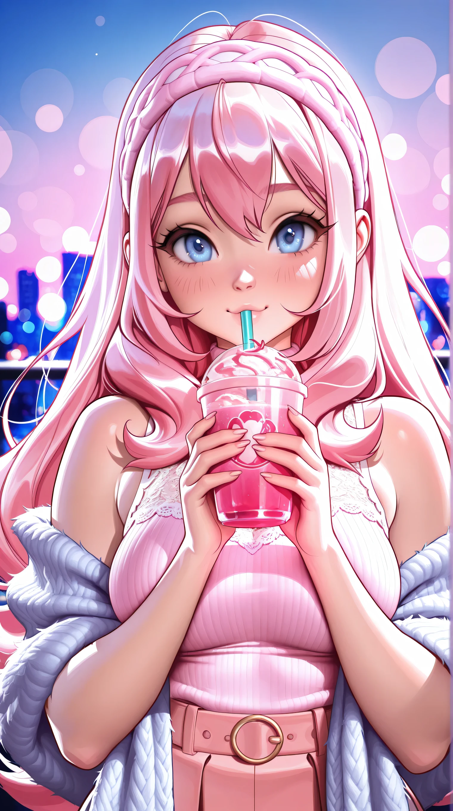 young woman, long pink hair, human, light skin, curvy, black choker, large breasts, huge breasts, wearing a diaper, adult diaper, plain white diaper, thick diaper, bulky diaper, bulbous diaper, heavy diaper, naughty smile, in a cruise ship bedroom, sunny island seen out thr balcony.