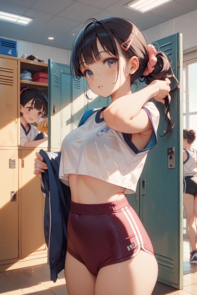 Very detailed, (Ultra-high resolution,8k), (Perfect Anatomy,Anatomically correct), (Big Breasts), (White gym clothes, Short sleeve, Red Bloomers), Hide the navel, (There are five pretty girls), brm, High-quality facial beauty, ((Surprise in front of the locker)), ((Change of clothes)), (Accurate changing room), (Photorealistic), Shiny skin, Fine skin