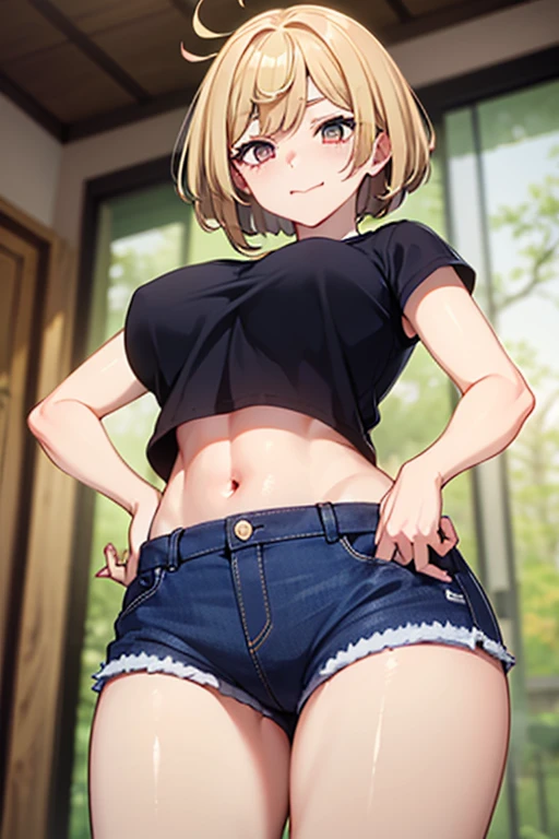 2D，highest quality，(masterpiece)，(whole body)，Rumia，blonde，1 girl，，young，Small ears，(Healthy brown skin:1.6)，(Denim hot pants:1.6)，Tank top，barefoot，barefoot，Attractive thighs，Butt，(Red ribbon on head )，Total，Bedroom，get drunk，Sweat，Superior，cheeks are bright red，(Kneeling pose)， (wave hands)，Frontal angle，Cute with bruises，erotic，I feel it，Denim hot pants，night，Heavy breathing，Girl Brat，An evil  like a little devil，Heart on head
