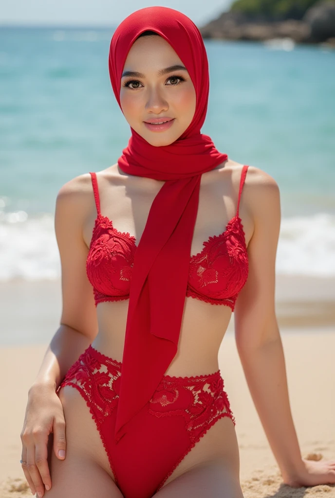close-up portrait of a beautiful woman wear hijab, bathing in a river, wearing red bikini corset, small breast, reeds, (backlight), realistic, masterpiece, high quality, lens reflection, shadow, flower, [[chromatic aberration]], by Jeremy Lipking, by Antonio J. Manzanedo, digital painting,