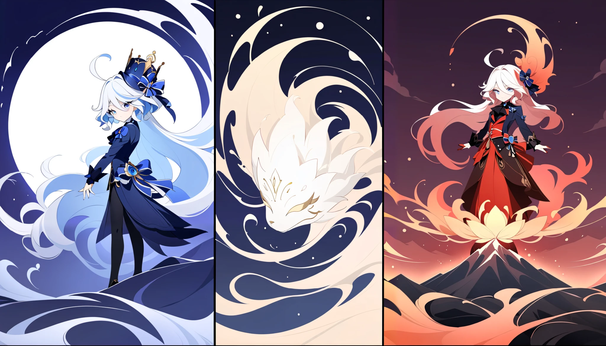 (Anime line drawing:1.5), (inverted colors:1.4), (negative space:1.6), minimalist, dark background, bright glowing lines. Furina from Genshin Impact, fierce yet graceful mask, flowing hair like rising flames. Surround her with glowing lotus and fire sparks. Add feng shui Fire element: vivid red glow, orange and crimson accents, flame patterns. Background: volcanic landscape, molten rivers, sharp mountains, blazing skies. Elegant, powerful, high contrast, passionate, intense aura.