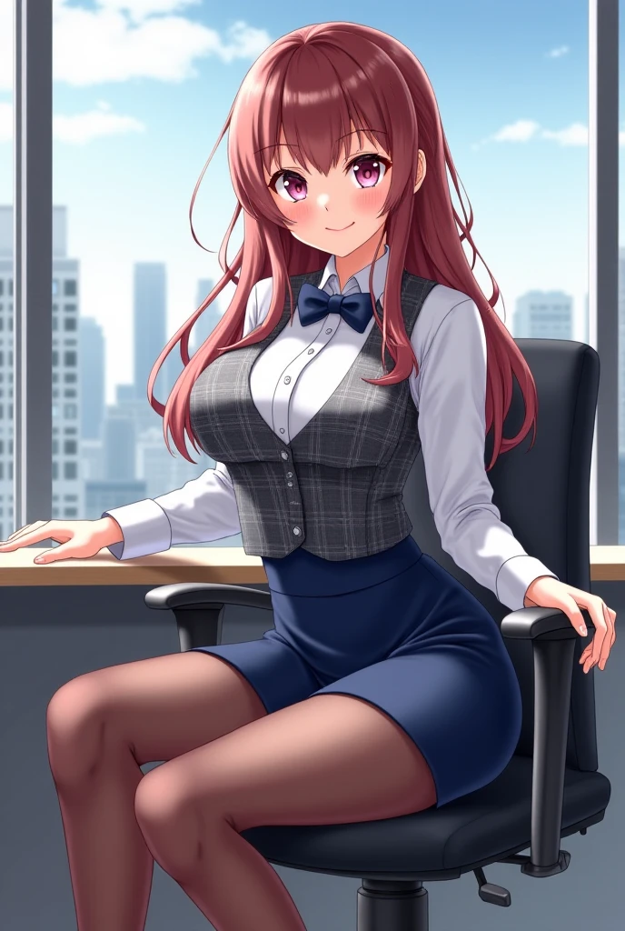 (masterpiece), best quality, expressive eyes, perfect face, Artwork, best quality, ultra-detailed, (masterpiece), best quality, expressive eyes, perfect face, 1girl,  uniform, white see through panties, panties visible, high stockings, thick thighs, soft-looking skin, soft thighs, pale-skinned female, hair tied, red head, medium hair, burtefly tie, white buttoned shirt, curvilinear waist, curvy waist, mini skirt, high cut skirt, big ass, medium breasts, sitting on a desk chair in classroom, ass focus, booty focus, thin body, big ass