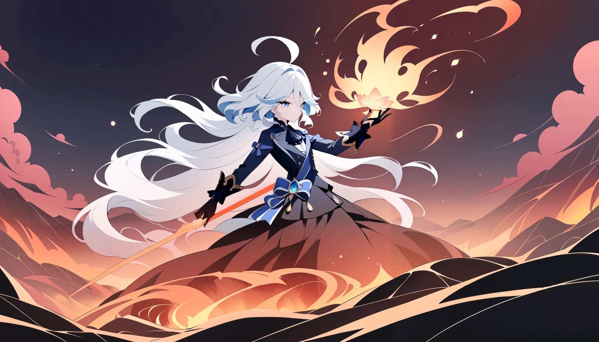 (Anime line drawing:1.5), (inverted colors:1.4), (negative space:1.6), minimalist, dark background, bright glowing lines. Furina from Genshin Impact, fierce yet graceful mask, flowing hair like rising flames. Surround her with glowing lotus and fire sparks. Add feng shui Fire element: vivid red glow, orange and crimson accents, flame patterns. Background: volcanic landscape, molten rivers, sharp mountains, blazing skies. Elegant, powerful, high contrast, passionate, intense aura.