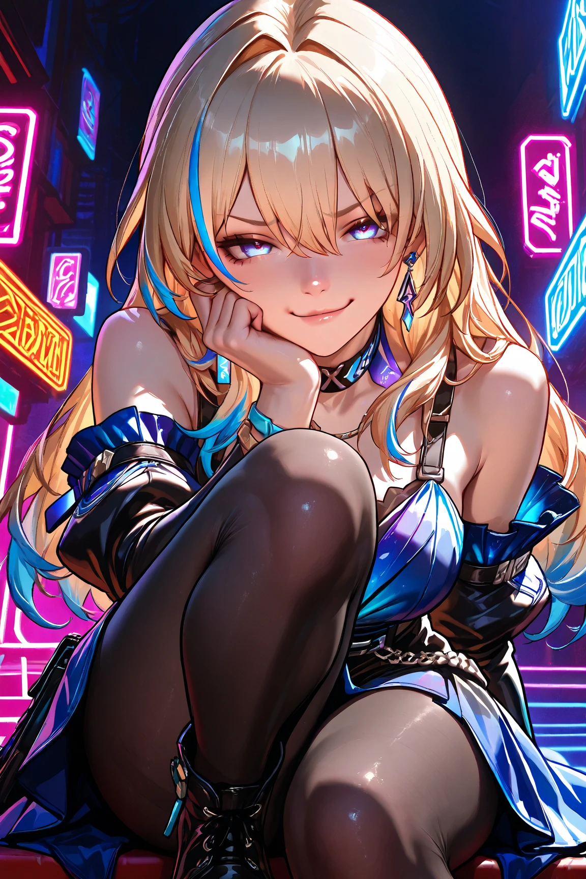 ((strapless)), ((4 defined fingers)), ((1 defined thumb)), (looking at viewer), break, sexy, ((solo)), (1 woman), ((25 years old)), ((highest quality)), ((masterpiece)), (familiar), skindentation, perfect face, 8k , (), break, long hair, (((blonde hair1.5))), straight hair, black eye, beautiful princess, smile, thin thighs, small breasts, perfect limbs, ((metallic costume)), (visible nipples:0.9), (camel toe:0.4), sexy, ((dancing)), (from above), ((upper body)), close up,