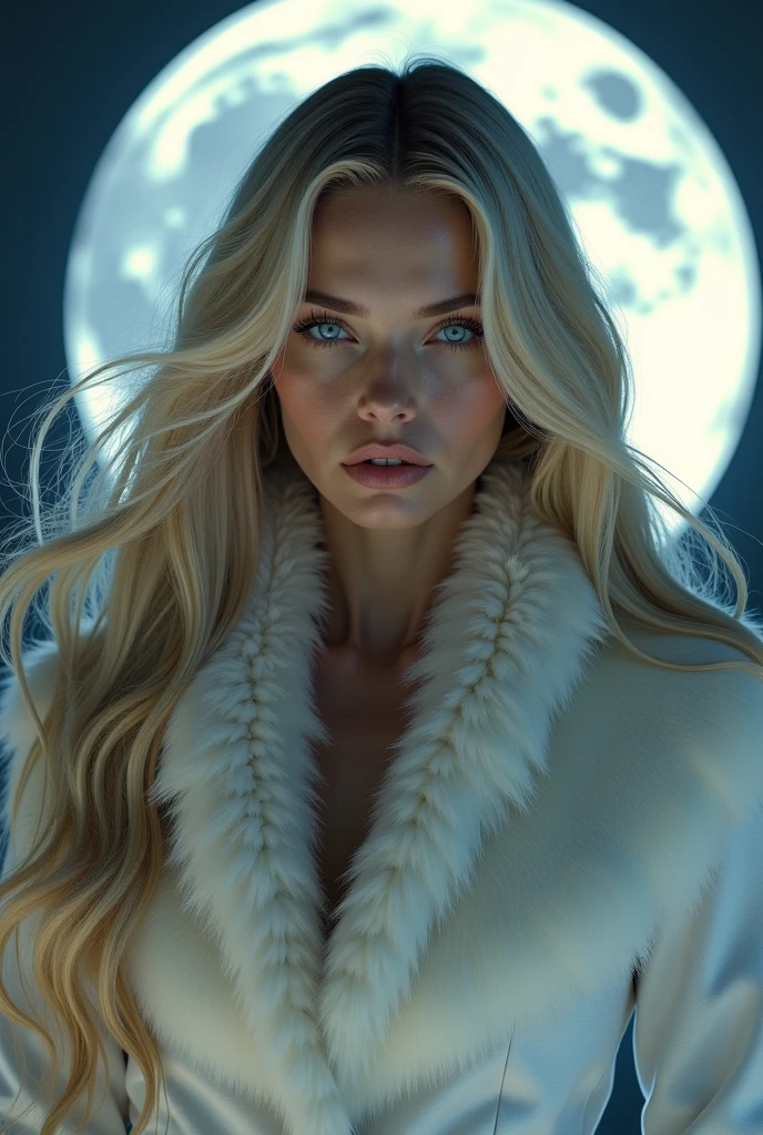 masterpiece, best quality, (Solitary focus), (Perfect face:1.1), (High Detail:1.1), (Extremely detailed eyes), dramatic, (1 person:0.5), (Pale skin), 金色的Long hair, Ethereal eyes, (light eyebrows), Solitary, Long hair, Jordan Barrett, moon, night, White luxury suit, Cover the navel, Pursed lips, fur, A proud expression, futuristic city, Detailed background, Artgerm's Artwork, Movie Lighting, Rose, Fashion, Balenciaga style