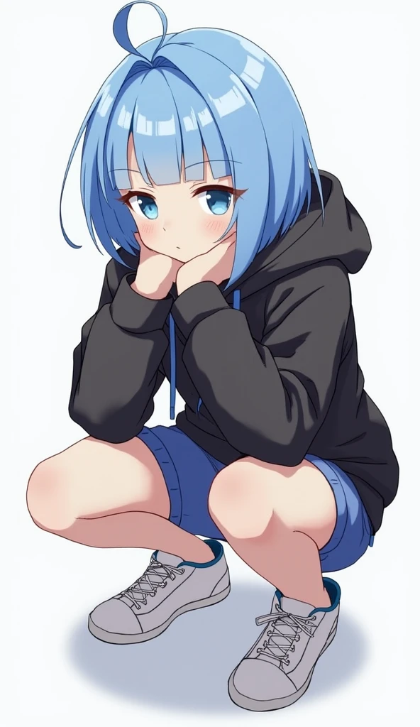 Cute girl , blue hair , Patchwork face , black clothes , One dark blue eye and one gray eye , adult girl , full body , Light blue hair , Patchwork face, stitched face, torn face