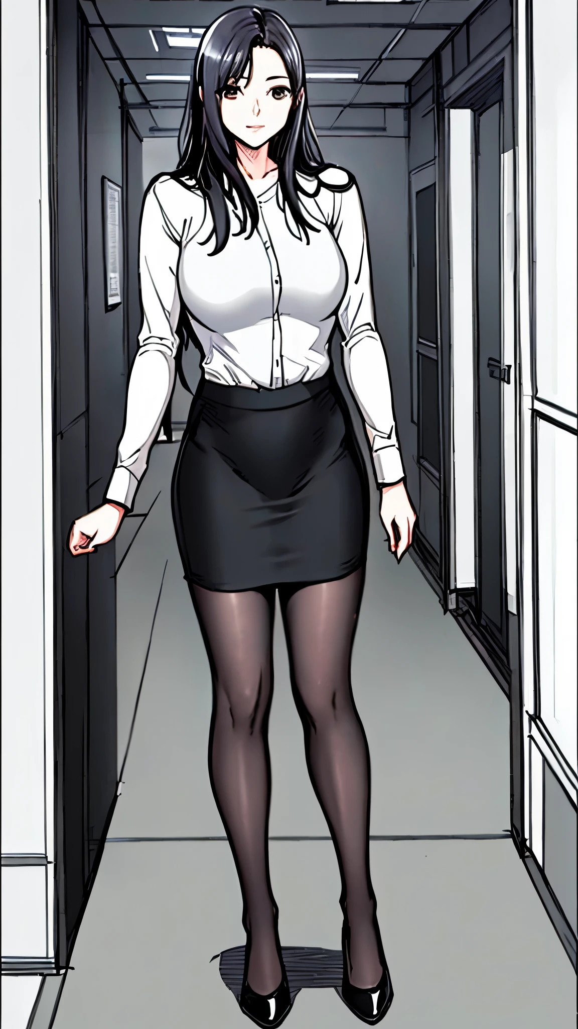 ( 8,000, Original image, best quality, masterpiece:1.2),1 Sister,alone,,long black hair,black hair, ,Lopez,white shirt, hip-covering skirt ,black pantyhose,,stand, office,watching the audience,full body