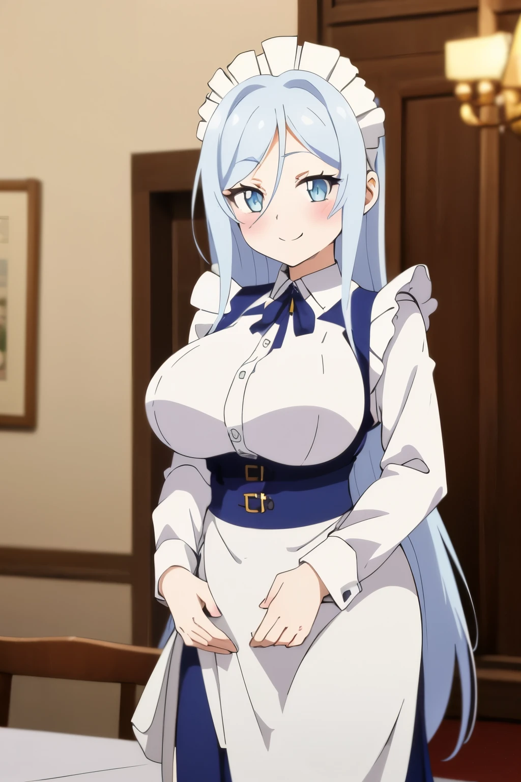 masterpiece, Sylpha, 1girl, solo, long hair, breasts, blush, blue eyes, large breasts, shirt, white shirt, maid headdress, wide hips, smiling, closed mouth, indoors,