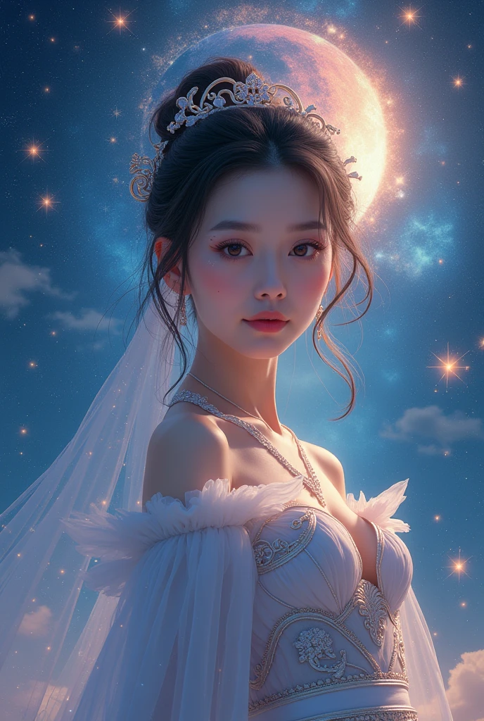 Pink cosmos flowers、blue-sky、Scaly clouds、depth of fields、(blurry backround))、masterpiece、top-quality、The ultra-detailliert、Woman in wedding dress、A smile