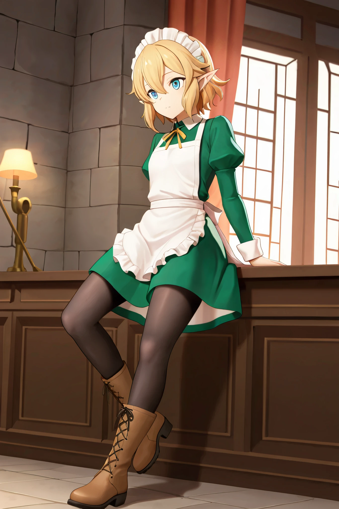 NSFW,masterpiece,best quality,high resolution,very detailed,Ryuu Lion(is it wrong to try to meet someone in a dungeon),short hair、blond hair、hair between his eyes、pointed ears、blue eyes,Waitress Costume、 maid headdress、neck ribbon、 green dress、Collared dress、white apron、Juliet sleeve、 Long Sleeve、black pantyhose、boots
