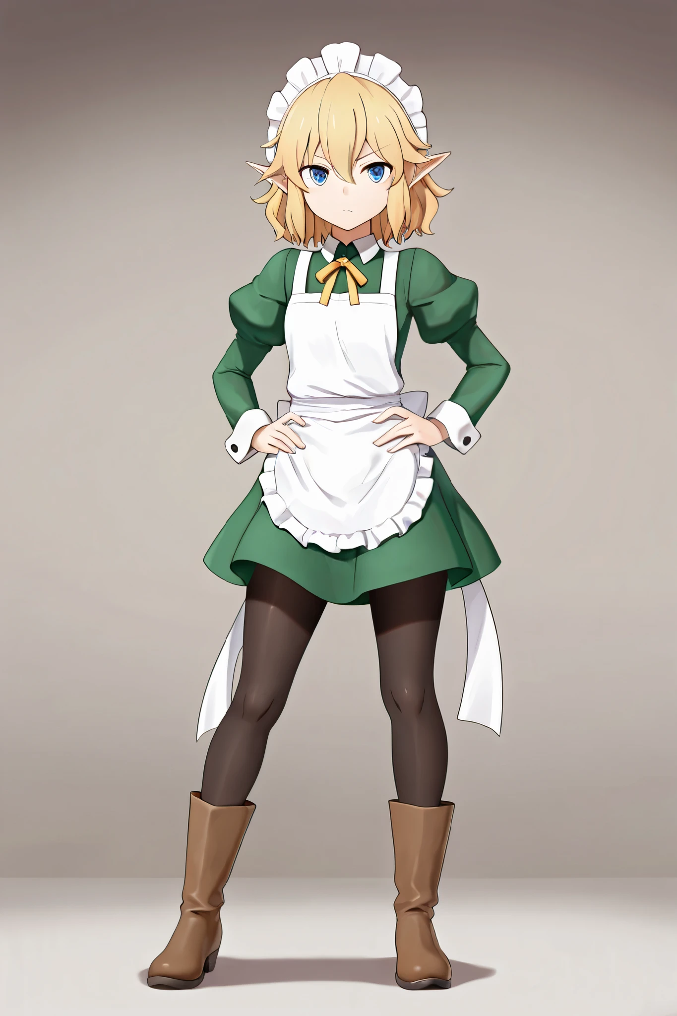 NSFW,masterpiece,best quality,high resolution,very detailed,Ryuu Lion(is it wrong to try to meet someone in a dungeon),short hair、blond hair、hair between his eyes、pointed ears、blue eyes,Waitress Costume、 maid headdress、neck ribbon、 green dress、Collared dress、white apron、Juliet sleeve、 Long Sleeve、black pantyhose、boots
