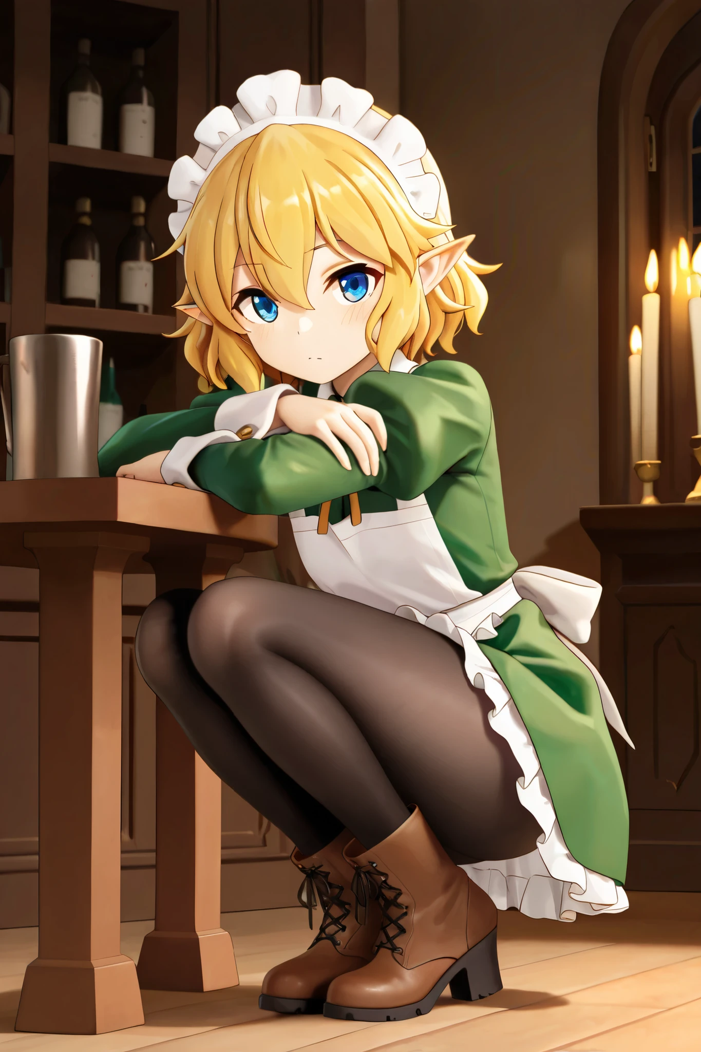 NSFW,masterpiece,best quality,high resolution,very detailed,Ryuu Lion(is it wrong to try to meet someone in a dungeon),short hair、blond hair、hair between his eyes、pointed ears、blue eyes,Waitress Costume、 maid headdress、neck ribbon、 green dress、Collared dress、white apron、Juliet sleeve、 Long Sleeve、black pantyhose、boots
