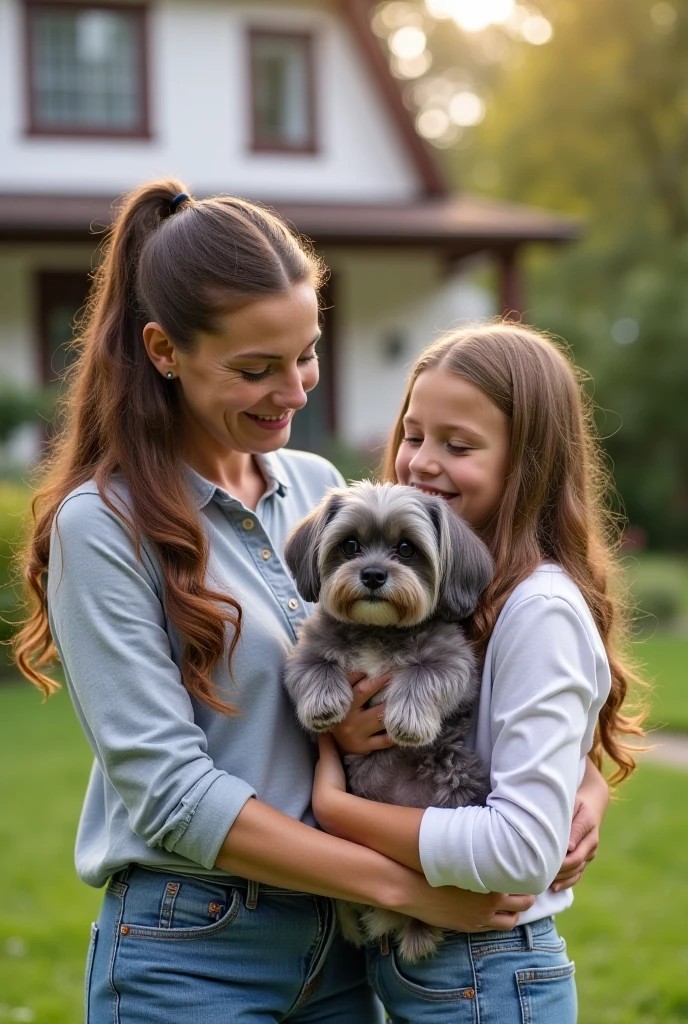Pixar. Casal com um filhote de cachorro SPITZ. A menina tem os cabelos pretos, Camiseta cinza e jeans claro. O menino de cabelos pretos, barba pequena, Dark blue jeans and gray t-shirt. They are both smiling and are 30 years old