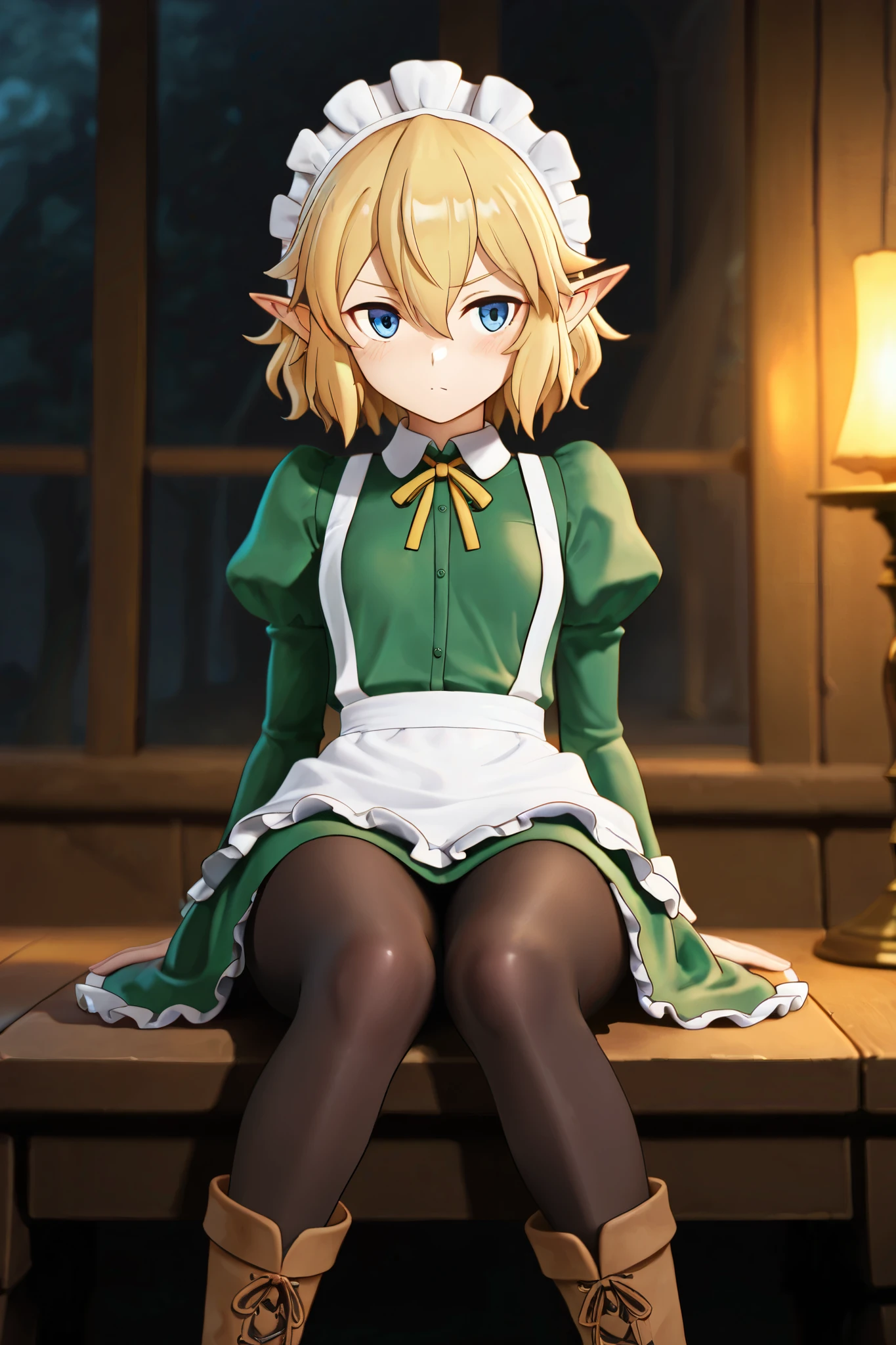 NSFW,masterpiece,best quality,high resolution,very detailed,Ryuu Lion(is it wrong to try to meet someone in a dungeon),short hair、blond hair、hair between his eyes、pointed ears、blue eyes,Waitress Costume、 maid headdress、neck ribbon、 green dress、Collared dress、white apron、Juliet sleeve、 Long Sleeve、black pantyhose、boots