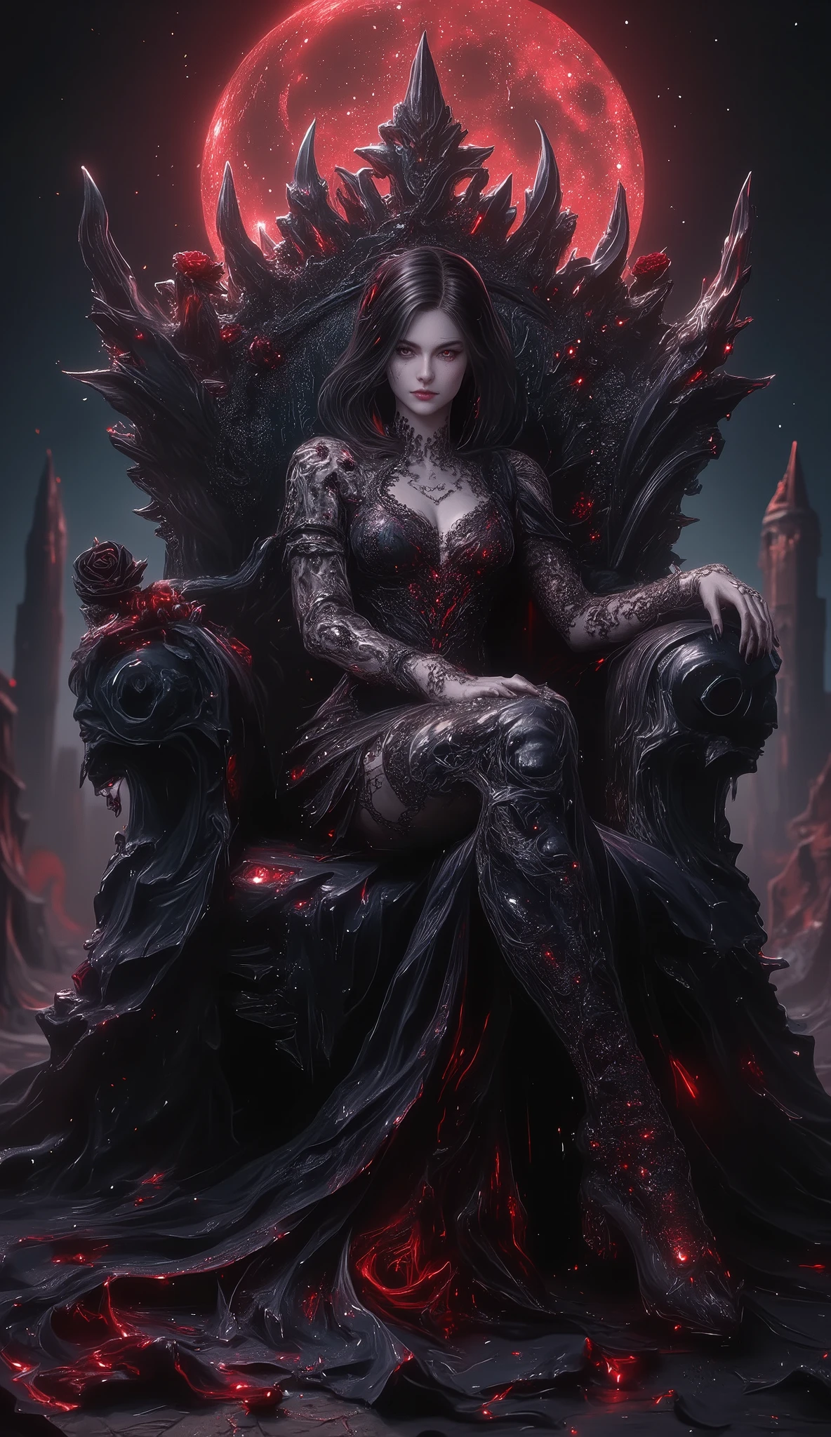 ((Masterpiece, top quality, high resolution, highly detailed CG unified 8K wallpaper)), a dark queen reclining on a colossal throne made of twisted black roses and jagged obsidian, the armrests sculpted from the skulls of forgotten kings, her long, flowing gown cascading like liquid shadow, merging with the swirling darkness beneath her, one leg crossed over the other in a display of effortless dominance, her pale fingers resting against her lips in a cruel smirk, piercing crimson eyes gleaming with ominous intent:1.3, in her right hand, a delicate yet cursed rose blooms, its petals dripping with eerie red embers, while her left hand extends outward, shadowy tendrils writhing from her fingertips, as if pulling unseen souls into the abyss, the atmosphere thick with dark mist, faint echoes of tormented whispers lingering in the air, behind her, a fractured blood moon casts a ghostly red glow over the landscape of a ruined, desolate kingdom, the wind carrying the scent of midnight roses and something far more sinister—the scent of power, destruction, and eternal night.