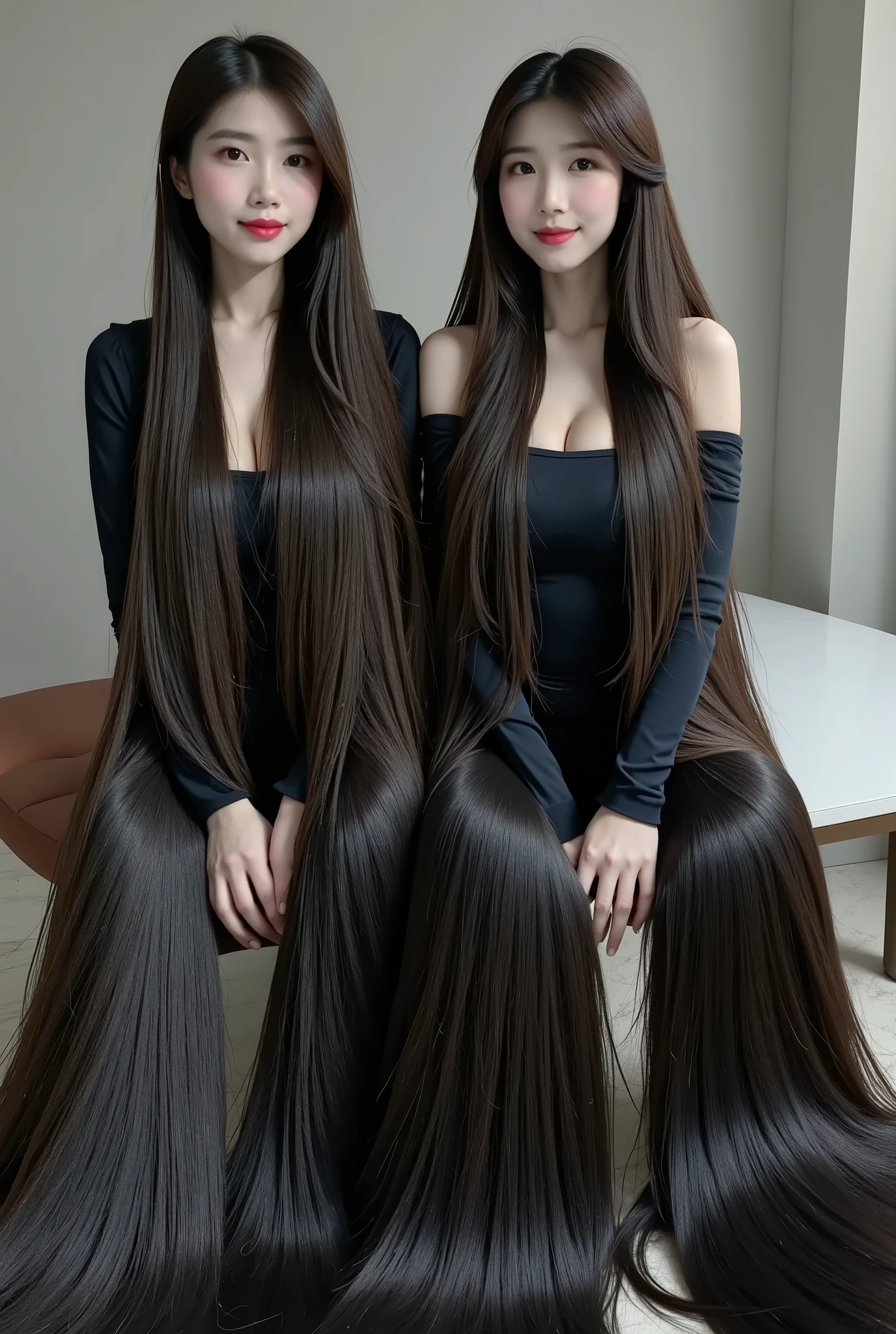 Ultra-realistic full-body photograph of two Korean women with extraordinarily long, jet-black, silky straight hair that flows past their knees, smooth and reflective under soft natural light. Their hair shines with a mirror-like gloss, each strand impeccably sleek. They sit elegantly in a modern office setting, mirroring each other while gently running their fingers through their cascading hair, showcasing its incredible length and silky texture. Their faces are clearly visible, with calm, confident expressions, making direct eye contact with the camera. Their posture is poised yet relaxed, exuding grace and elegance. The shot is taken from a straight-on angle with a wide frame, ensuring both figures and their flowing hair are fully visible in stunning detail.
