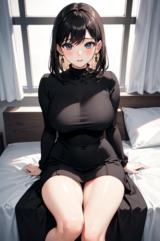 (Masterpiece - Ultra-Detailed, High Resolution) Prepare to be enchanted by a true masterpiece that combines ultra-detailed art with high-resolution rendering. This work shows a mesmerizing woman, with short, light black hair, 1950s style, Hinata (1.3) and captivating dark brown eyes (1.2), New York illustration style, wearing (red lipstick), emanating an aura of elegance and mystery. Wearing classic 1950s clothing. sexy. Intricate details and realistic textures invite you to explore every aspect of this enchanting composition. Black dress. Laying on the bed, dynamic poses, mouth closed. Different posture. . Get ready to dive into a world where beauty and craftsmanship merge perfectly.