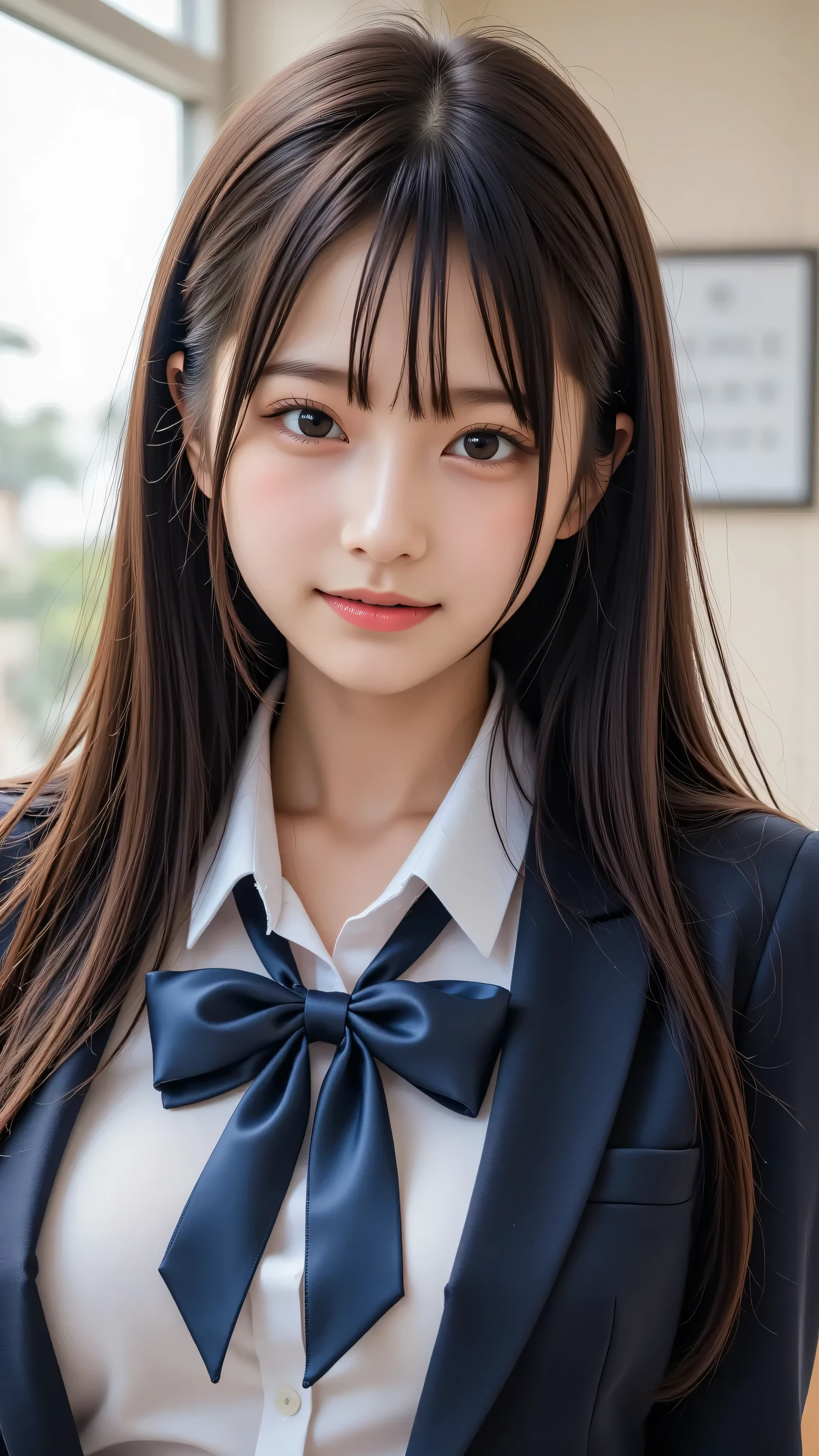 In front of the piano in the music room、idol with a cute face in a neat school uniform takes a selfie of her upper body、Adorable smile and gently swaying hair illuminated by soft light、Blurry sheet music and window in the background。