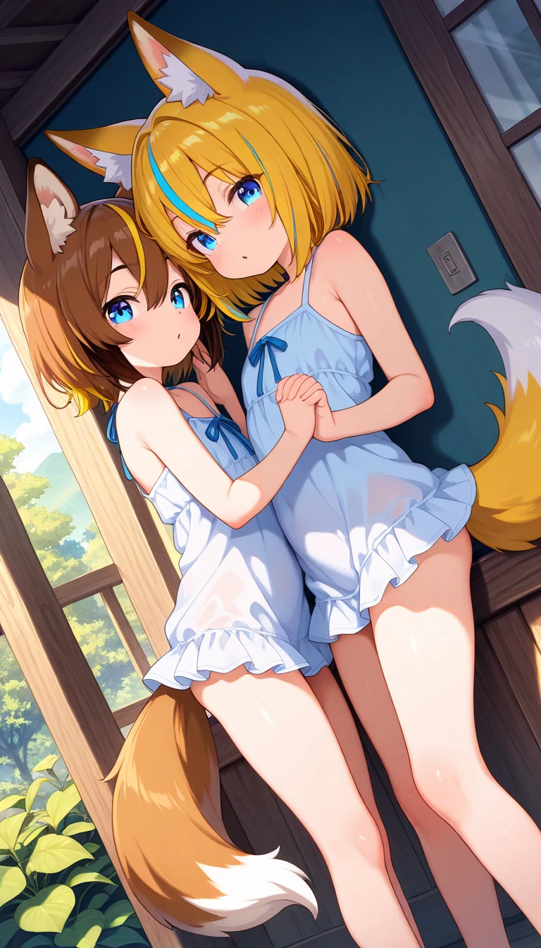 A short petite humanoid girl with pale skin and blue eyes and long blue hair and blue dog ears and a big fluffy dog tail and average breasts and a large thick cock is hugging a small blonde girl from behind. The small blonde girl has mouse ears and blonde hair and blue eyes and small breasts and a mouse tail. They are both naked.