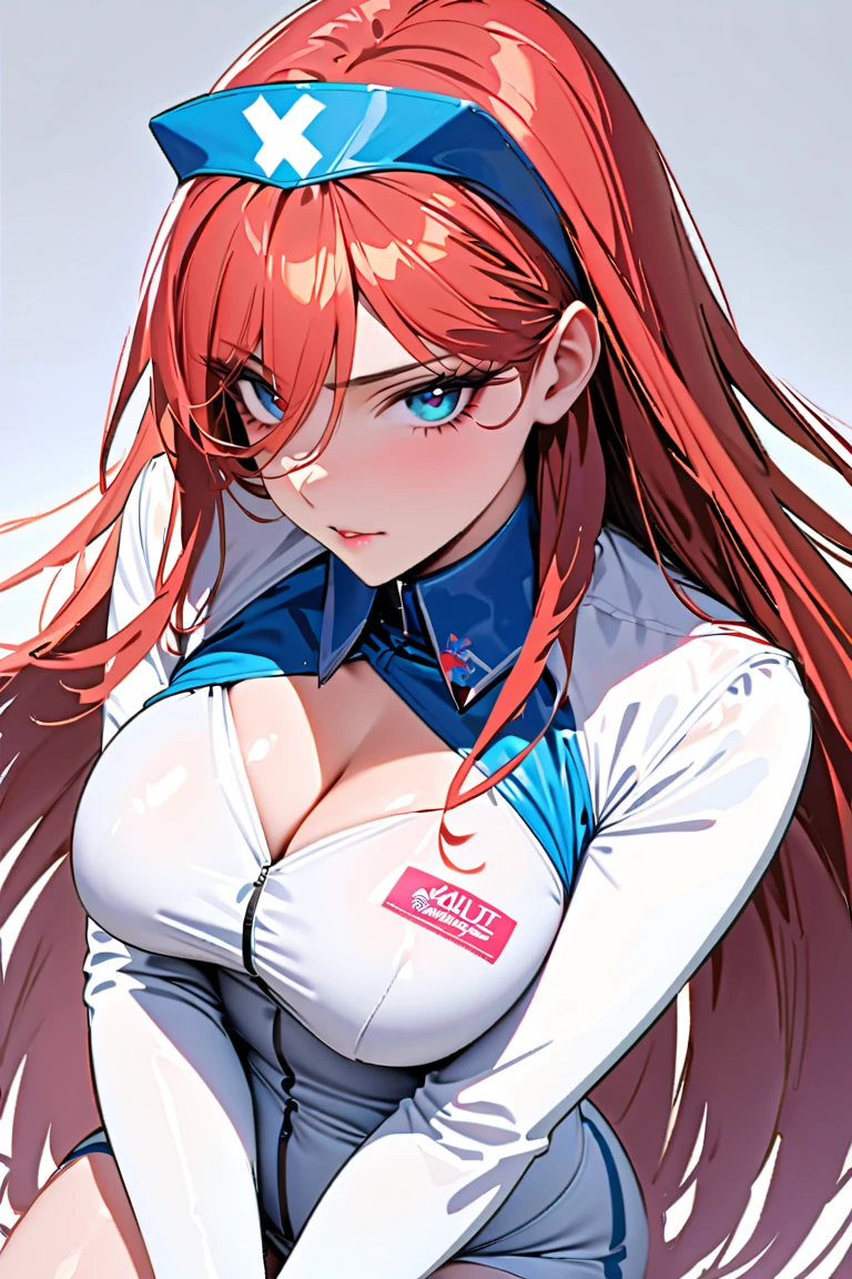 face focus, cute, masterpiece, best quality, 1girl, solo, red hair, hair ornament, earrings, hairclips, looking at viewer, portrait, long hair, bangs, white background, parted lips, plump lips, blush, 16k resolution, 8k resolution, high resolution, highly realisitic, big boobs, cleavage, white top, short skirt,