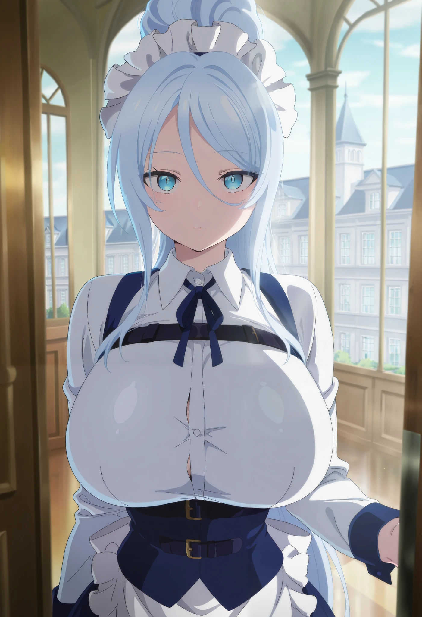 masterpiece, best quality, amazing quality, very aesthetic, absurdres, newest, scenery, 1girl, solo, huge breasts, long hair, blue eyes, hair between eyes, light blue hair, high ponytail, sidelocks, maid headdress, neck ribbon, blue ribbon, white shirt, collared shirt, long sleeves, (frills:1.1), frilled apron, waist apron, white apron, belt, blue dress, frilled skirt, mansion, indoors, standing, upper body, looking at viewer, shiny skin, anime screenshot, masterpiece, best quality, amazing quality, very aesthetic, absurdres, newest, scenery, volumetric lighting