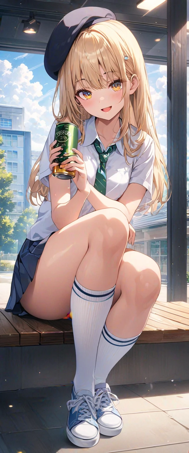 High school girl with silver hair ponytail、Green plaid skirt、white blouse and green tie、white stockings、White garter belt、(5-Fingers)、embarassed face、Teary-eyed、red blush、(Wet)、pussy juice,pussy,vagina,、(pussy juice)、Inside a McDonald&#39;s store、(Holding panties in your hands)、(no panties)