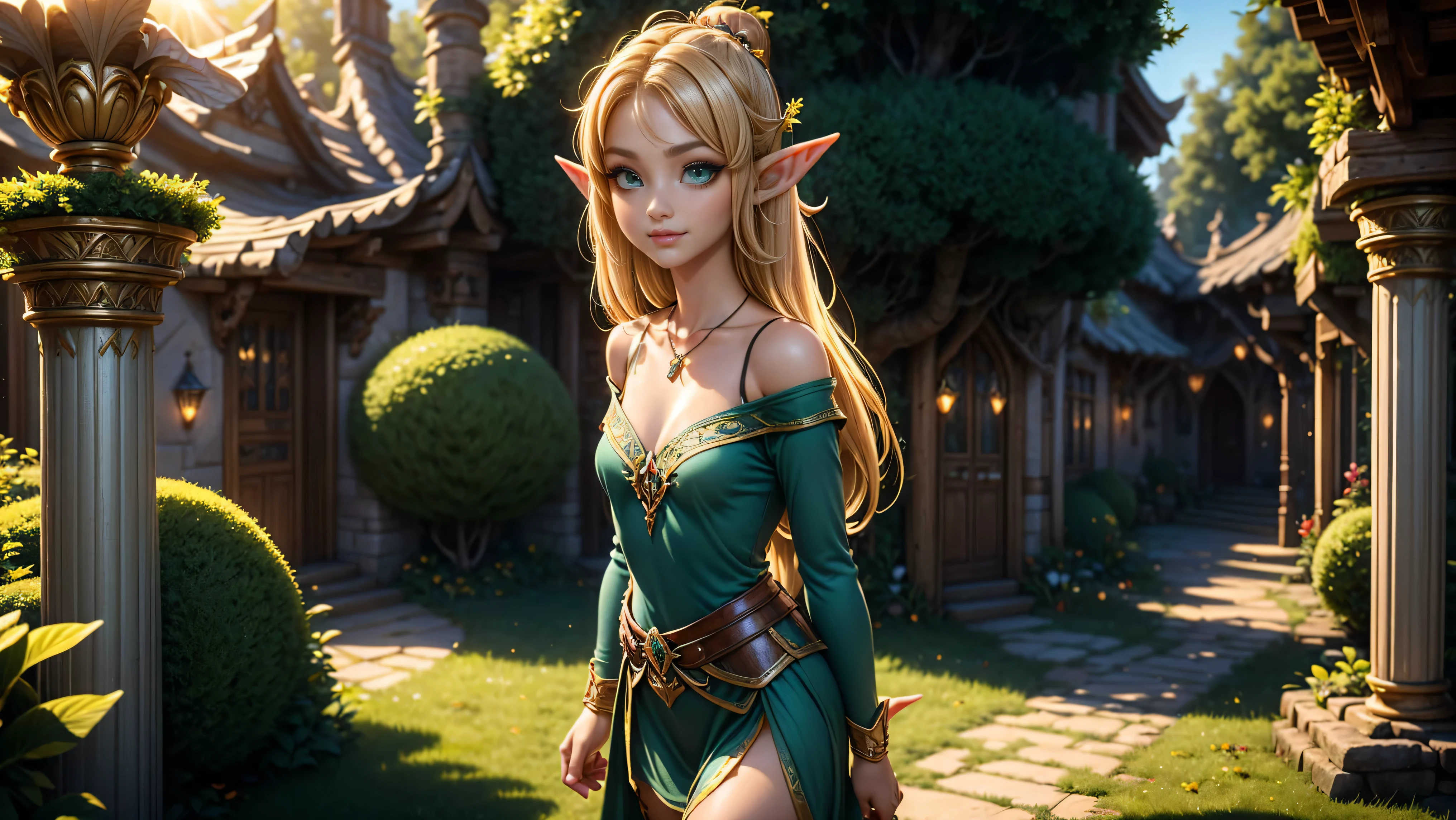 ((1girl)), ((solo)), ((young woodland warrior elf girl)), ((walking through a woodland village)), ((multiple male elves turning to look at her)), ((elf girl focus)), long hair, small pointy ears, ((round breasts)), thigh-highs, formfitting eleven clothes, tight clothes, ((looking at viewer)), ((green eyes)), ((beautiful day)), ((smiling)), Perfect body, beautiful, young, tempting, alluring, jewelry, necklace, off shoulder, ((skinny)), ((petite)), ((small)), flirting with camera, Best Looks, ((fantasy castle in the background)), beams of sunlight, fantasy