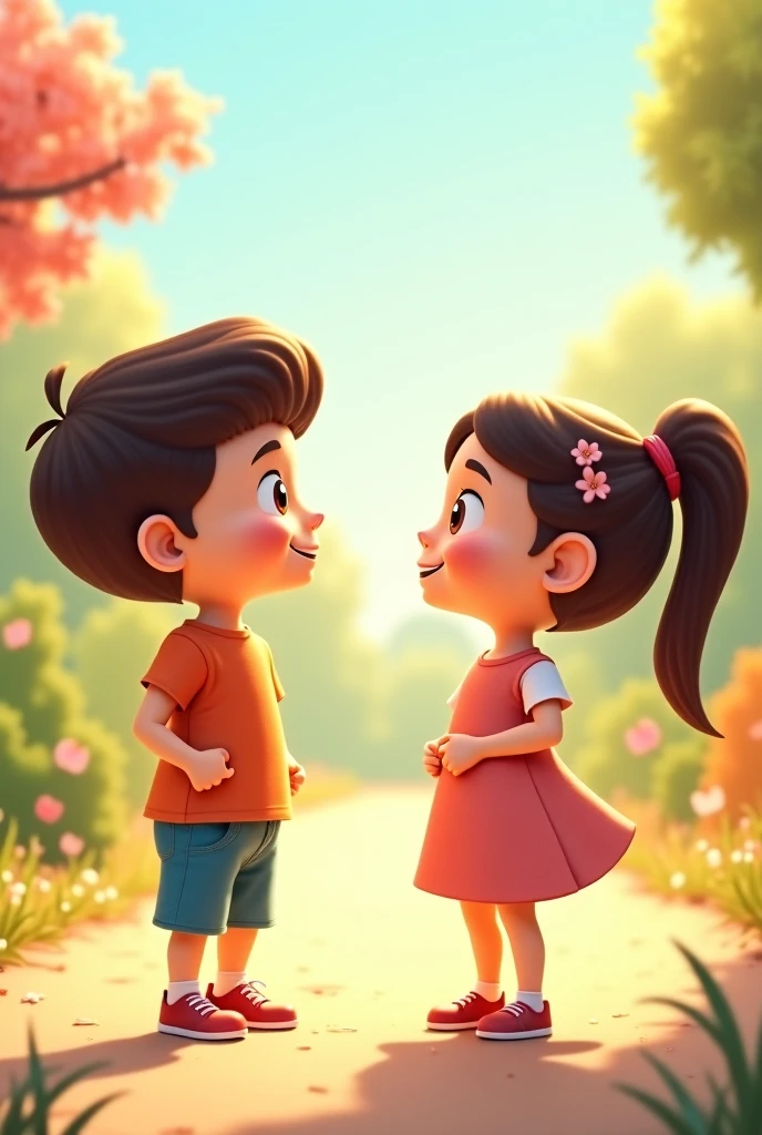 In cinametic 3d cartoon style "The scene should capture the moment just as the boy is about to confess his feelings, with both looking a bit shy yet hopeful.