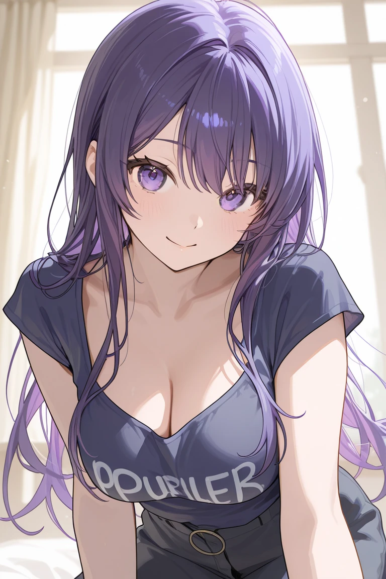 masterpiece, (highest quality), 1 female, ,Wipe_Azusa, purple hair , purple eyes,medium hair,sexy woman, clavicle ,highest quality ,sweater,bare shoulders, Bright colors ,Natural light ,RTX, big breasts, beautiful, (detailed face:1.2), Showcase, (perfect eyes:1.1) ,(realistic:1.1), 8k uh, looking at the viewer, simple background