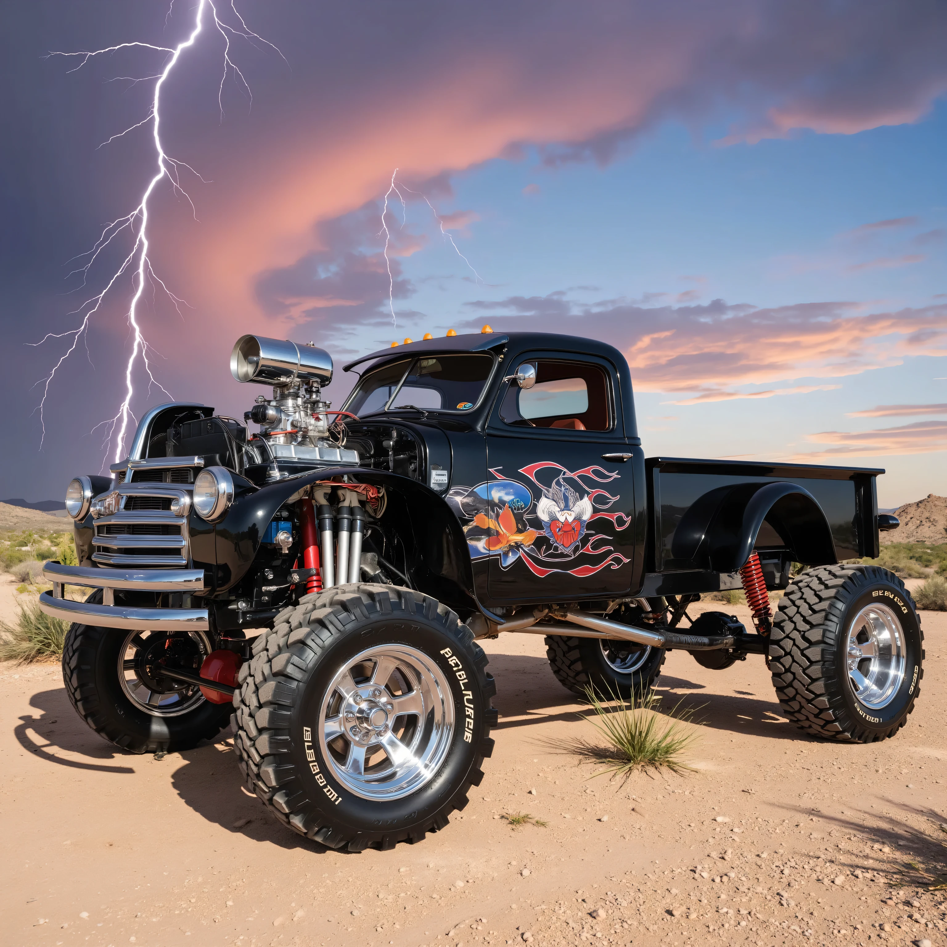 Create a photorealistic image of an extreme, OFF ROAD, vintage pickup with a lifted frame. The design is extreme. The paint style is black and chrome, It is custom and unique. It has monster tires in the rear. The rims are polished chrome. The engine is exposed and accented with a chromed blower. The sky is colorful with heat lightning bolts and strikes. The backdrop is a sunny, southwestern desert
