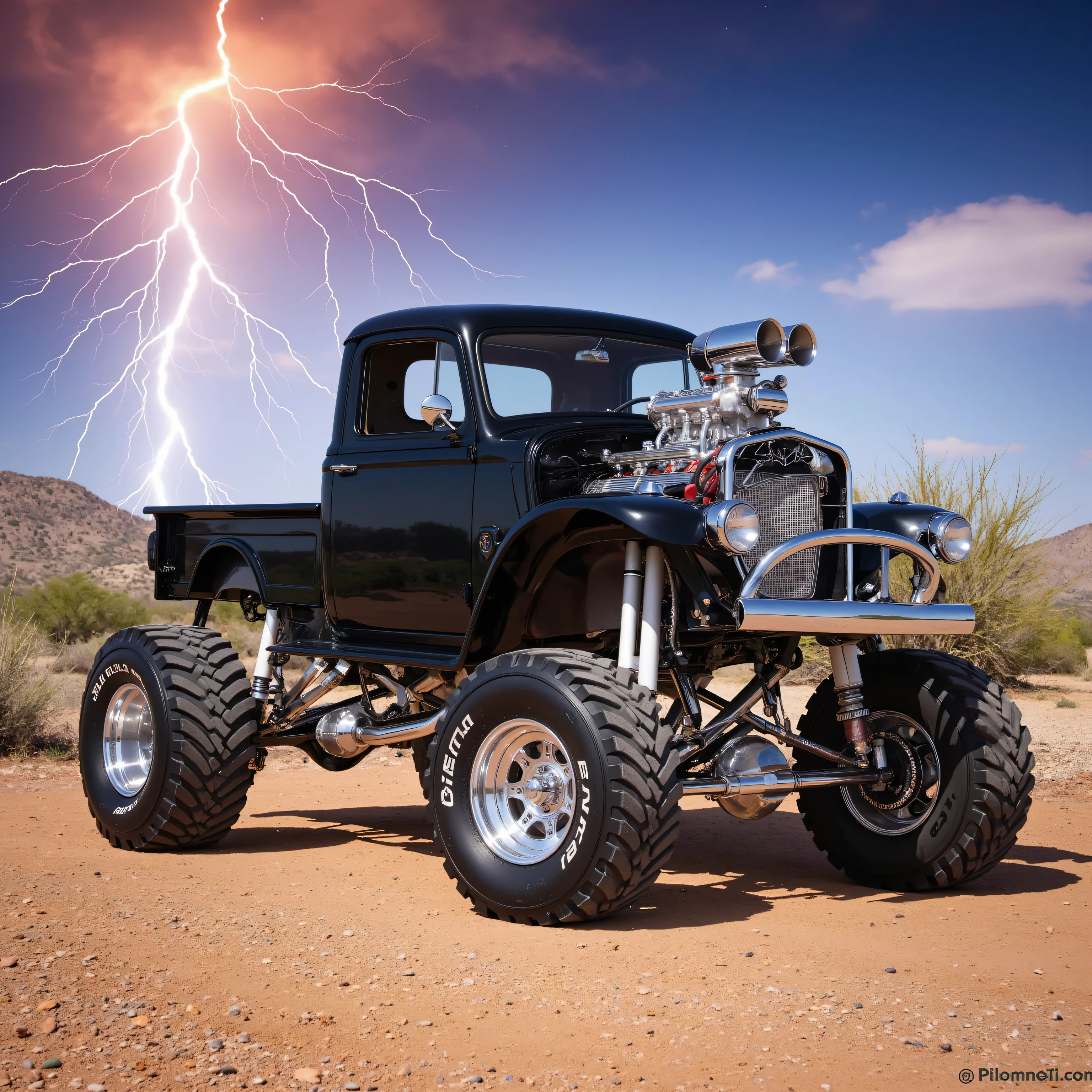 Create a photorealistic image of an extreme, OFF ROAD, vintage pickup with a lifted frame. The design is extreme. The paint style is black and chrome, It is custom and unique. It has monster tires in the rear. The rims are polished chrome. The engine is exposed and accented with a chromed blower. The sky is colorful with heat lightning bolts and strikes. The backdrop is a sunny, southwestern desert
