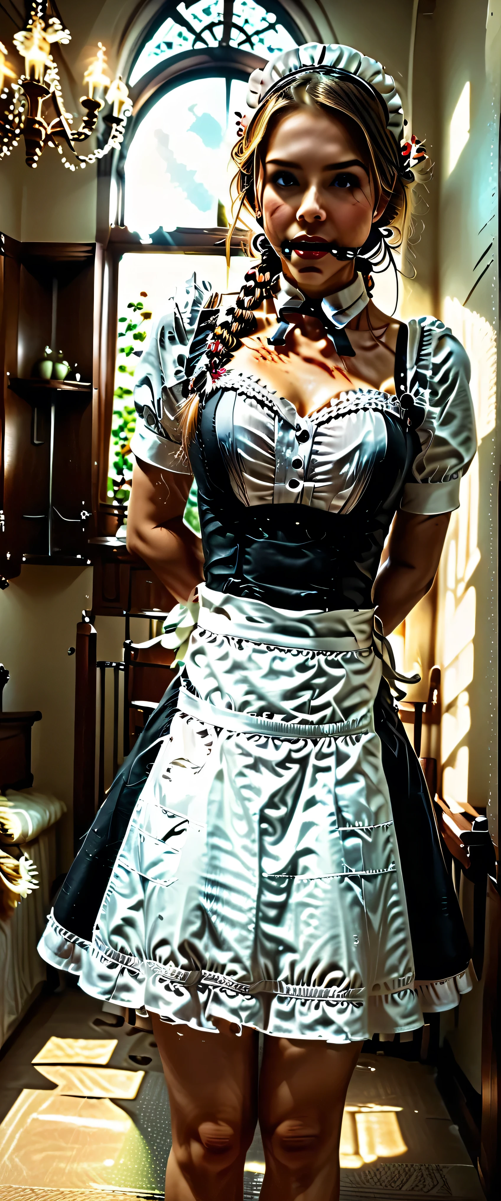18yo woman in maid uniform,beautiful young maid,detailed facial features,soft expression,standing upright,holding feather duster,ornate maid uniform,lace trim,pristine black and white apron,black and white color scheme,vintage manor interior,ornate wallpaper,grand chandelier,sunlight streaming through window,detailed photorealistic,masterpiece,ultra-detailed,award-winning digital art,professional 3D rendering,cinematic lighting,high resolution,8K