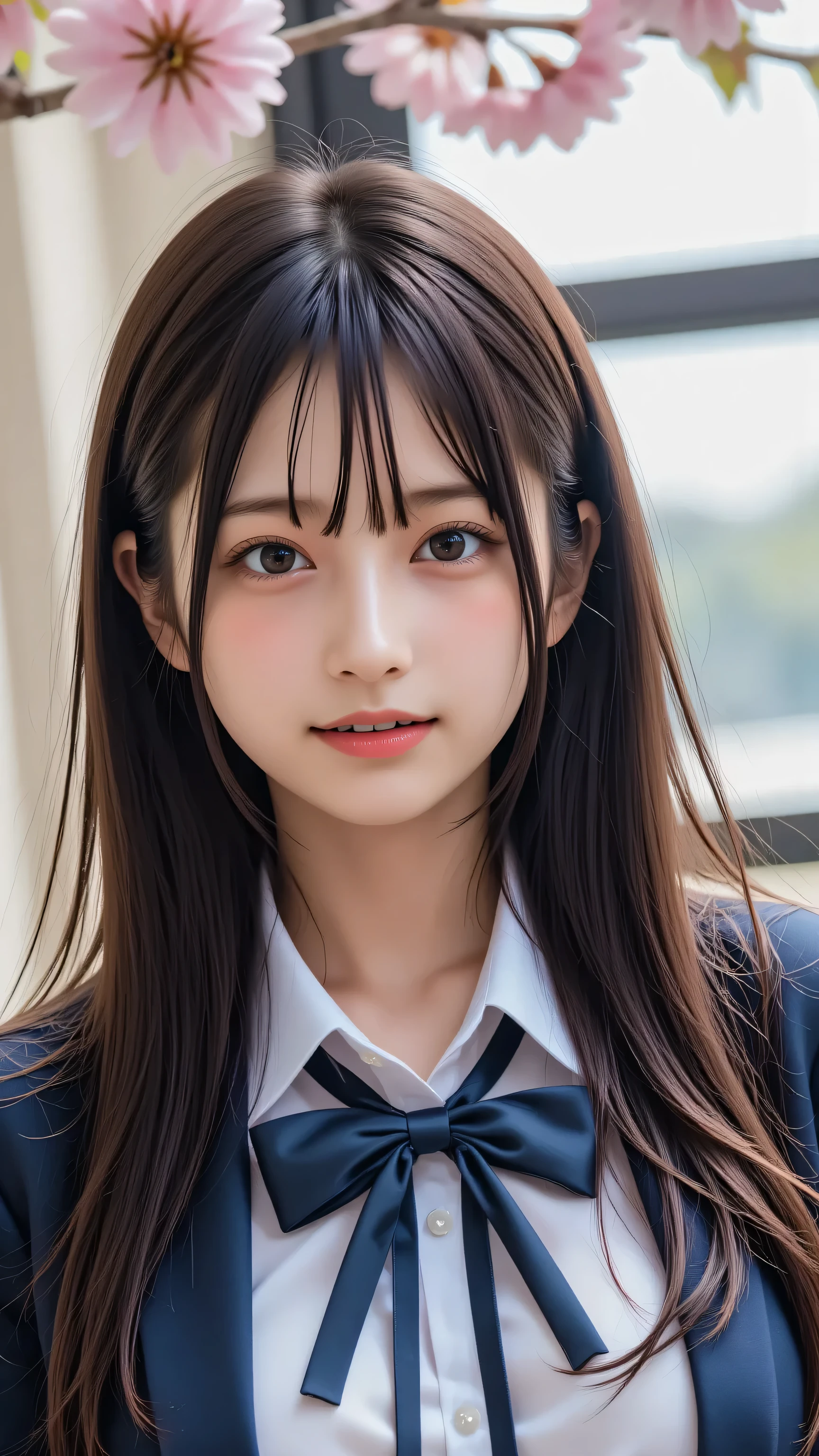 In the classroom where cherry blossoms can be seen through the window、idol with a cute face in a neat school uniform takes a selfie of her upper body、face illuminated by gentle spring light、bright smile and hair fluttering in the wind、Blurry window and cherry blossoms in the background。