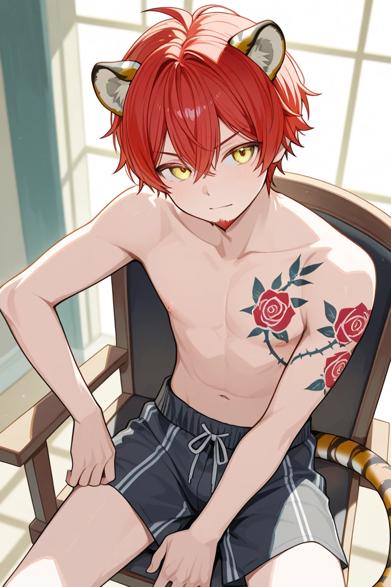 1 cute male, looking at the camera, horny face, Long Red Hair to Chest Length, blue eye, Piercing na Boca, wearing no shirt, Athletic Belt, lying in the bed, japanese house , Handsome boy, hot body, wearing no shirt, black neck necklace, Athletic Belt, erect penis, out of underwear, masturbating, cute male, wearing no shirt, Athletic Belt, , cute boy) hot body, spider tattoo on neck.