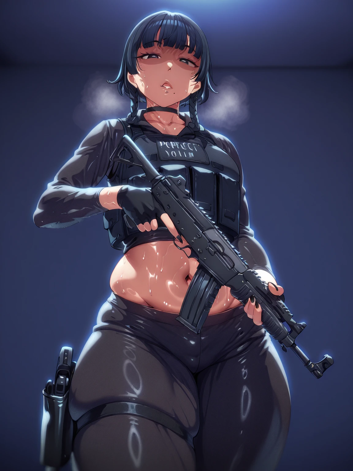 theobrobine, perfect eyes, perfect fingers, gasping, heavy breathing, excessive sweating, sweating, sweating profusely, gasping profusely, cinematic, ((skindentation)), ((curvy)), black hair, short hair with long locks, black eyes, blunt bangs, hair rings, twin braids, bright pupils, ((flabby stomach)), plump, BREAK anime-style, anime coloring, cgi, Hand drawn, cinematic, Sharp focus, humorous illustration, big depth of field, Masterpiece, concept art, trending on artstation, Vivid colors, Simplified style, trending on ArtStation, trending on CGSociety, Intricate, Vibrant colors, Soft Shading, Simplistic Features, Sharp Angles, Playful, excessive sweating, sweating profusely, sweating drop BREAK, 1girl, gun, weapon, solo, holding_gun, rifle, trigger_discipline, gloves, holding_weapon, navel, mole_under_mouth, holding, mole, black_nails, assault_rifle, choker, nose, lips, nail_polish, holster, pants, fingerless_gloves, blue_background, thigh_holster, handgun, alternate_costume, midriff, black_choker, parted_lips, thighs, thick_thighs, bulletproof_vest, black_pants, makeup, breasts, looking down, shaded face,