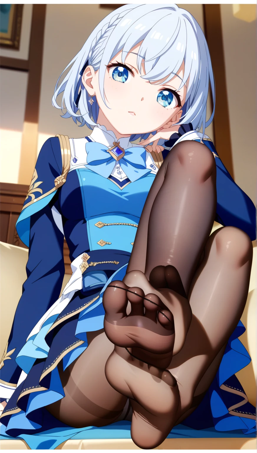 huge,Teenage girl,short skirt,teasing,A giant girl taller than a building,Wear white pantyhose,Toyed around,shrouded in the villain,Sitting on the ground,Toyed around,low angle of view,arroganthuge,Light cyan hair,Big blue cat ears,Teenage girl,short skirt,Teasing the villain,A giant girl taller than a building,arrogant,Those who don't wear shoes