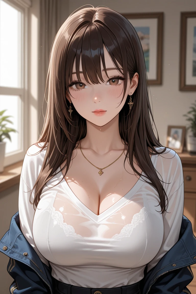 (best quality:1.5, highres, UHD, 4K, detailed lighting, shaders), gold wavy hair, gradient hair, large breasts, black shirt, skirt jeans, mature woman , red Witcher hat, (pov), white background, colorful red eyeshadow, dramatic lighting, smile eyepression, golden earrings, flowing hair, delicate facial features, soft skin, high cheekbones, white background, stand up, lean forward, full body