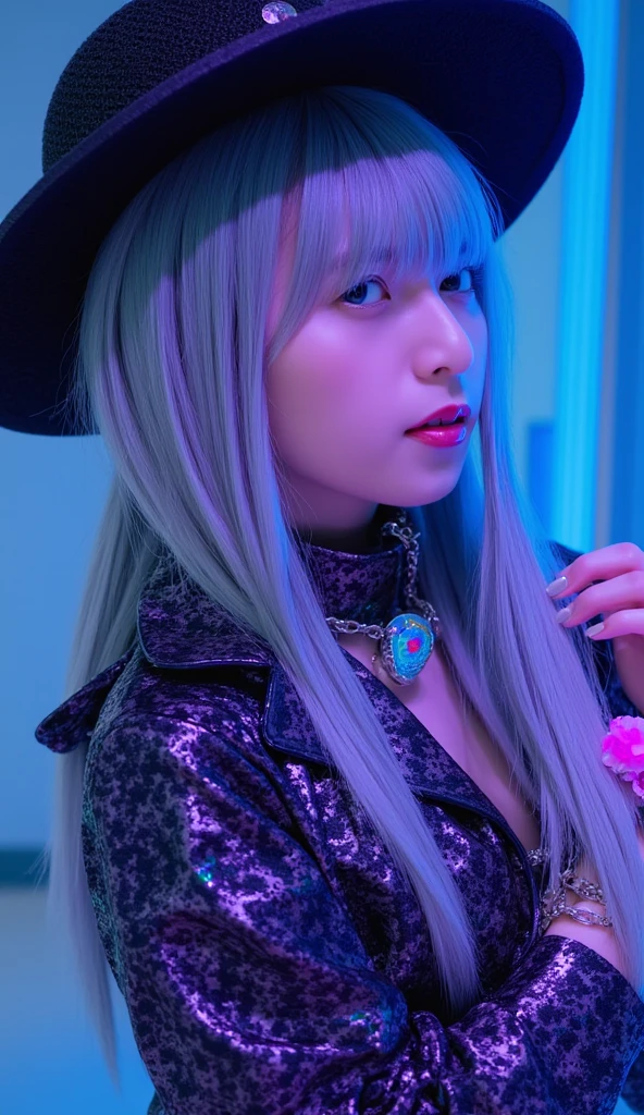 Vampire girl, cool, blonde hair, guitar on the background, dark vibe, beautiful detailed