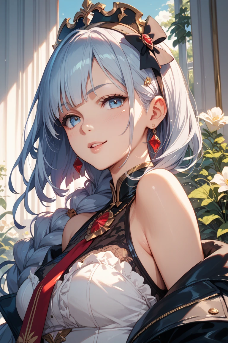 A female version of Akaza, chamada Akaza Hakuji, maintains its demonic appearance, but with a softer, more graceful touch. She has long, straight hair., in a bluish-white tone, with orange highlights at the ends of the hair and bangs in Korean style, that fall softly on your forehead. Your eyes still shine with an intense sky blue color, and their tribal marks remain, drawing symmetrical patterns on your face and body. To add a delicate detail, she wears a blue rose earring, symbolizing both her strength and enigmatic beauty.