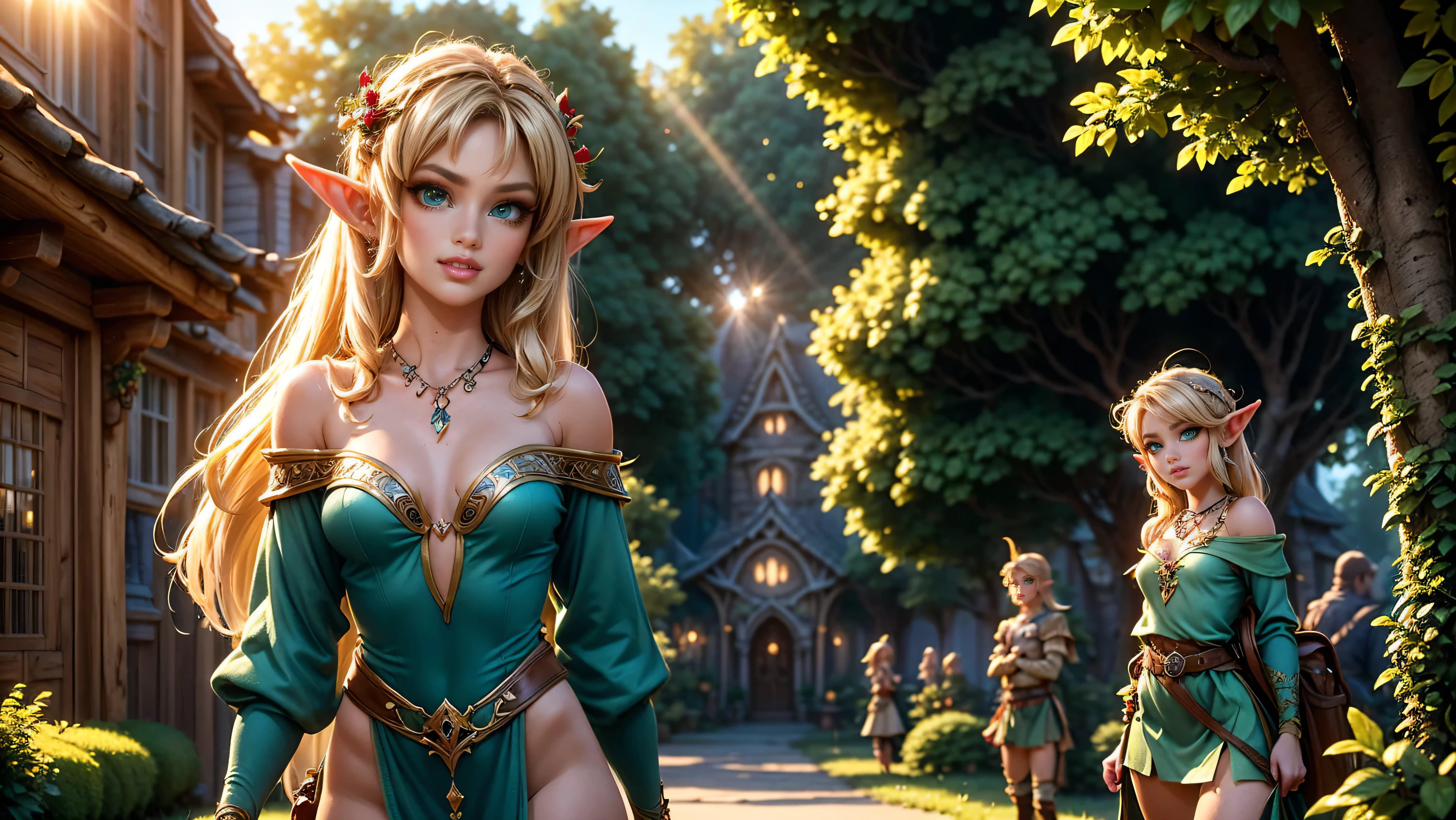 ((1girl)), ((solo)), ((young woodland warrior elf girl)), ((walking through a woodland village)), ((multiple male elves turning to look at her)), ((elf girl focus)), long hair, small pointy ears, ((round breasts)), thigh-highs, formfitting eleven clothes, tight clothes,  ((looking at viewer)), ((green eyes)), ((beautiful day)), ((smiling)), Perfect body, beautiful, young, tempting, alluring, jewelry, necklace, off shoulder, ((skinny)), ((petite)), ((small)), flirting with camera, Best Looks, ((fantasy castle in the background)), beams of sunlight, fantasy