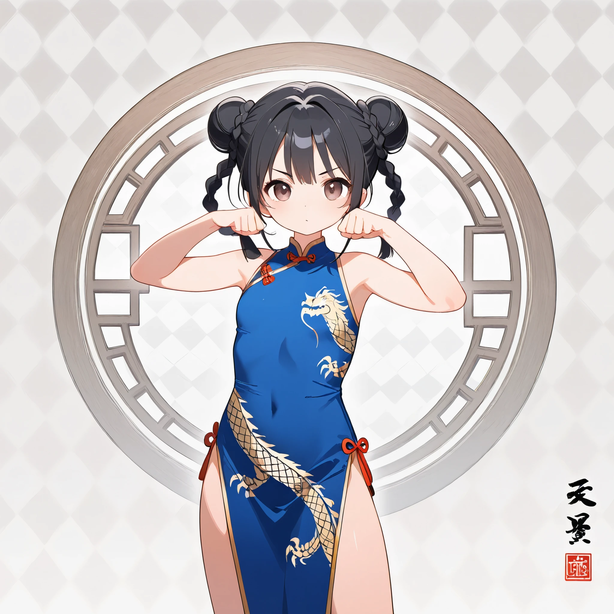 one girl、 black hair、braids、China dress with dragon embroidery、standing, Martial Arts Stance、[three view drawing][Front ,side,back],[Argyle background],best quality、high resolution
