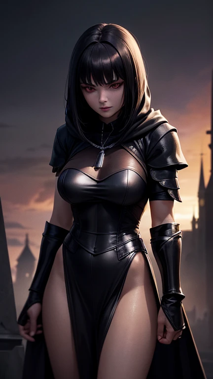 ( wearing a loose and long hooded sweatshirts ),gorgeous, masterpiece, best quality, high-resolution, finely detailed, extremely detailed and beautiful, distinct-image, 1 girl, 16 year old teenager, solo, sharp facial features, oval shaped face. cherry pink lips, lightly tanned white skin. velvet-colored eyes, C-cup breasts, tall height(175cm), slim yet chiseled body type, short shoulder length dark violet-black hair, small narrow waist, long and slender legs, curvy wide hips, elegant Gothic training courtyard setting, rear view, showing her back angle