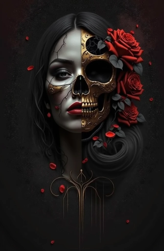 an elegant woman with long, dark hair wearing a vibrant dark red and black dress adorned with lace and intricate details. embroidery His skin is a light and striking tone, his face is like a skull, mixing beauty and macabre. In one hand, she delicately holds a skull and, in the other, a red rose, symbolizing her dual nature. She is in a dimly lit cemetery, surrounded by dimly glowing candles and fog, with shadows from old tombstones and crosses in the background. The atmosphere is eerie and slightly eerie, with a soft, reddish light highlighting its presence.