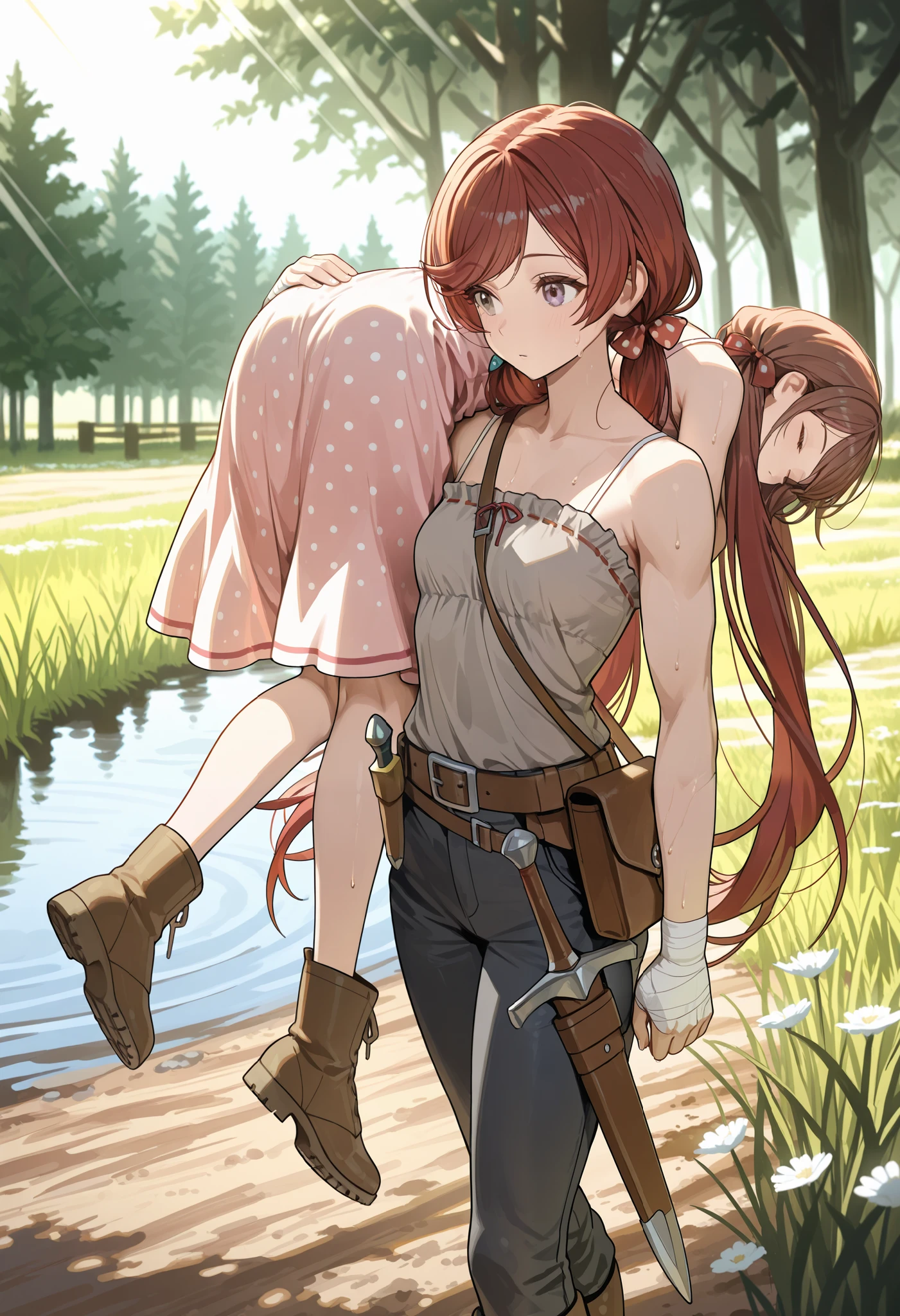 (masterpiece:1.2, Best Quality), (finely detailed beautiful eye: 1.2), (beautiful detailed face), dirt road, wooden planks, trees, pond, tall grass, flowers, wooden signs, 2girls, sweat, carrying, carrying over shoulder, hand on ass, character: brown hair , sleeping, brown eyes , very long hair , swept bangs thin , small breasts , bare shoulders , pink sundress , backless sundress , bandaged hands , spaghetti strap sundress , sundress with white frill trim , brown belt , brown combat boots , dagger sheathe attached to belt , character: long hair in low twin tails, gray eyes, dark red hair, long swept bangs, upper body, small breasts, toned arms, strapless loose sleeveless shirt, gray shirt, shirt with white trim, black jeans, hair ribbons, polka dot ribbons,, thin legs , thin thighs , swordbelt , sword sheathe , sword pommel , satchel, bags, leading horse, sun rays, shade,