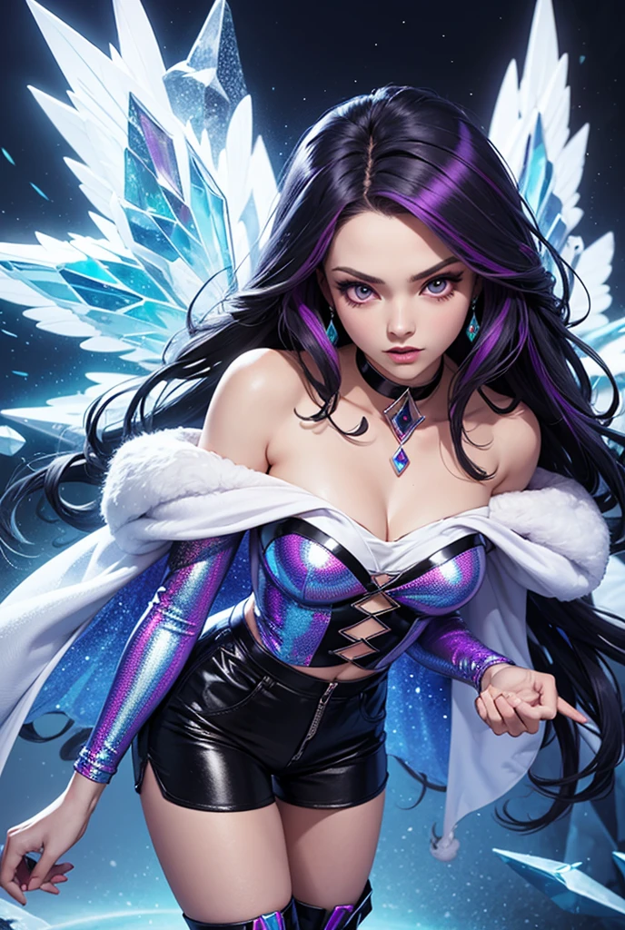 Portrait, mysterious goth model with black hair, wearing a tight black dress, mesmerizing blue eyes, seductively flirting with you, wanting a kiss, hourglass figure, symmetrical figure, highly detailed face, beautiful face, lush lips, wearing black lipstick, smiling, alluring, stunning digital illustration, 8k cosmic elements and ethereal atmosphere