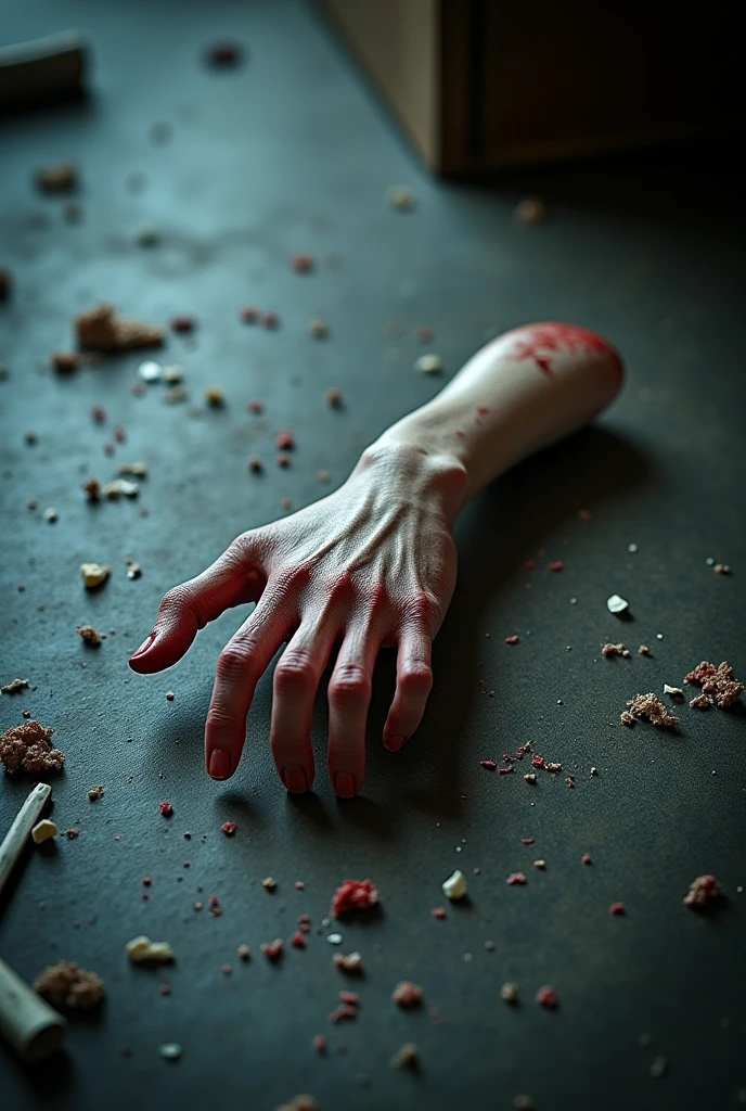 A gloomy image, A black background, There is a table with a plate on it and on the plate there is a piece of severed arm., Also on top of the table there is a knife with the tip stuck in the wood of the table.