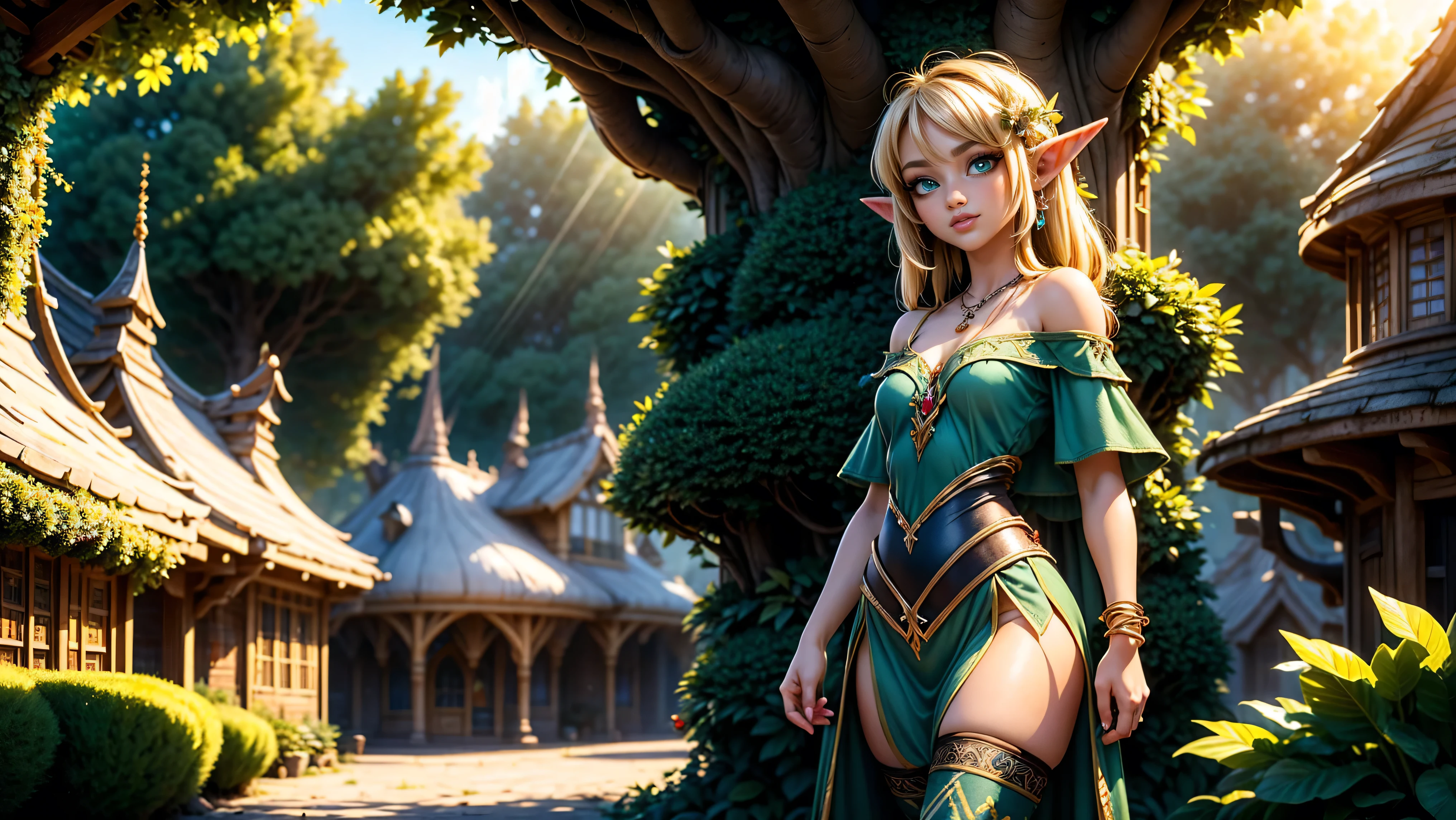 ((1girl)), ((solo)), ((young woodland warrior elf girl)), ((walking through a woodland village)), ((multiple male elves turning to look at her)), ((elf girl focus)), long hair, small pointy ears, ((round breasts)), thigh-highs, formfitting eleven clothes, tight clothes, ((looking at viewer)), ((green eyes)), ((beautiful day)), ((smiling)), Perfect body, beautiful, young, tempting, alluring, jewelry, necklace, off shoulder, ((skinny)), ((petite)), ((small)), flirting with camera, Best Looks, ((fantasy castle in the background)), beams of sunlight, fantasy