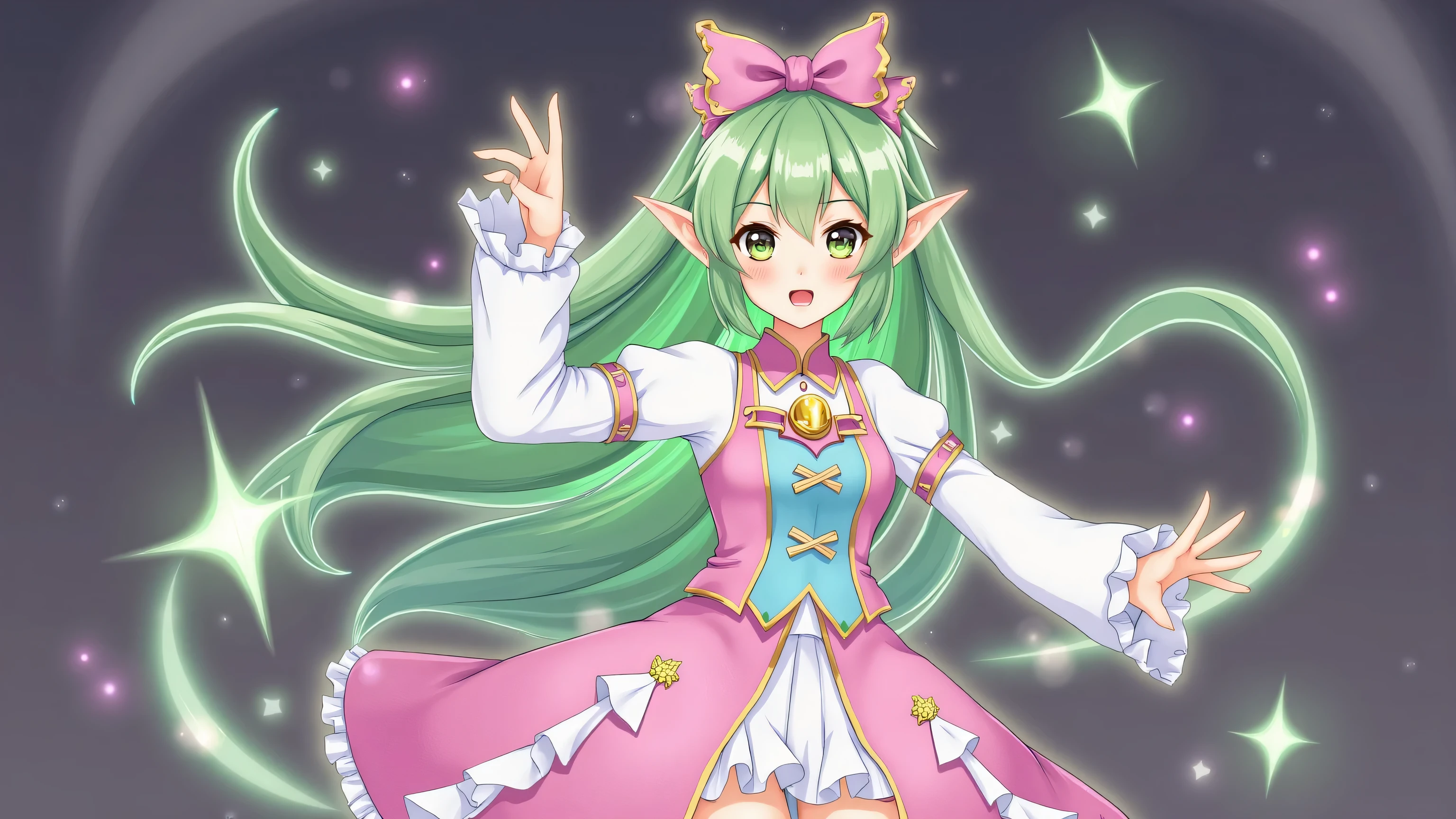 score_9,1girl,solo,standing,magical girl,green hair,green eyes,happy,evil smile,star eyes,star \(symbol\),laughing,pointy ears,twintails,single braid,glint,sparkling_eyes,shiny_eyes,beautiful_detailed_eyes,devil_eyes,bags under eyes,kicking,kicking at viewer,pantyshot,<lora:DisgaeaXL:0.8>,