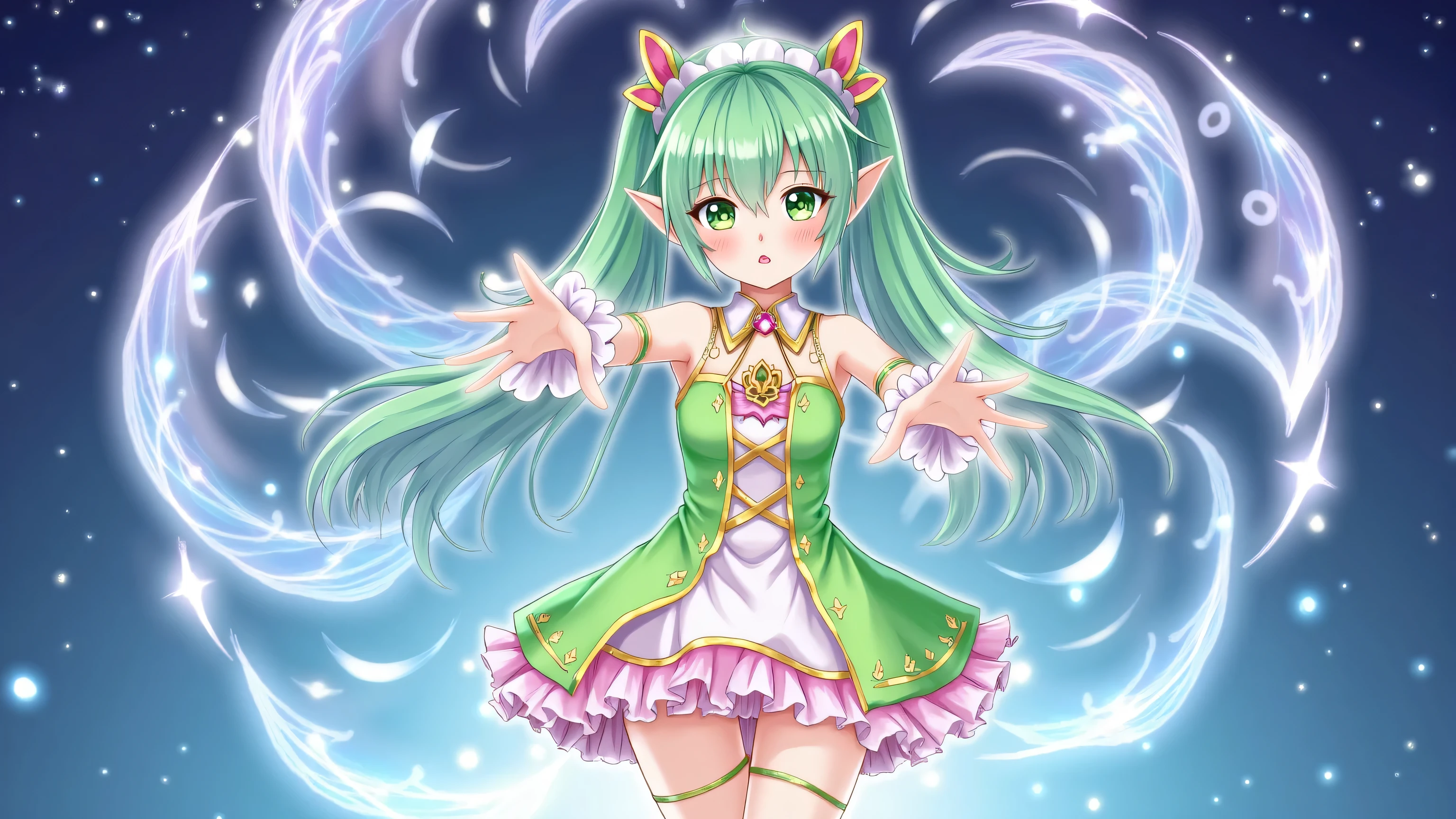 A petite elf girl with vibrant green hair, delicate features, and fair skin stands gracefully. Her pointed ears peek through her soft green hair, emphasizing her enchanting presence. She wears a vibrant, colorful magical-girl costume inspired by Japanese anime, adorned with ribbons, frills, and sparkling decorations. She strikes an energetic and confident transformation pose, surrounded by dazzling magical effects. Her eyes are bright and expressive, capturing a sense of determination and youthful enthusiasm. The scene evokes the dynamic and enchanting style characteristic of anime magical-girl transformations.