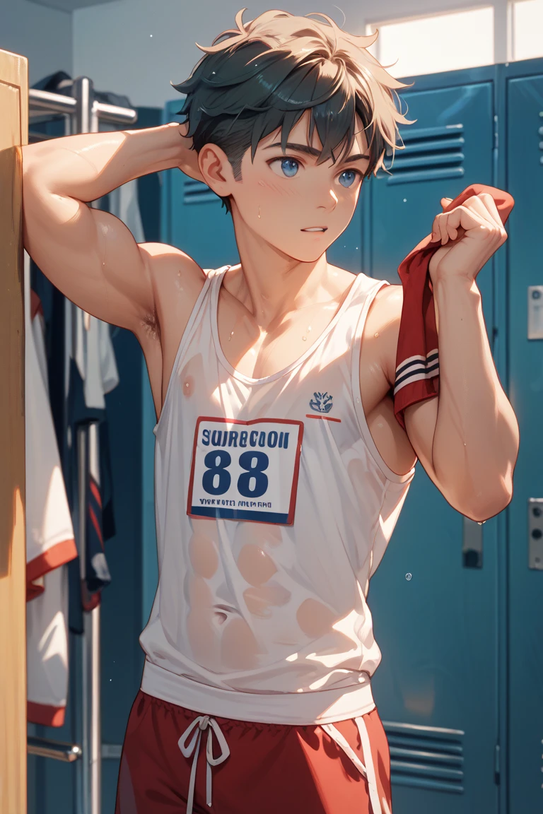 High resolution, masterpiece, The best quality at its best,最high quality,high quality, Height Details,10 year old boy,child,Blonde,cute,Upper body naked,topless,の体,,Glowing Skin,Sweat,white boxer shorts,accustomed to,classroom,Standing in front of a blackboard,Embarrassed face,The groin is bulging,